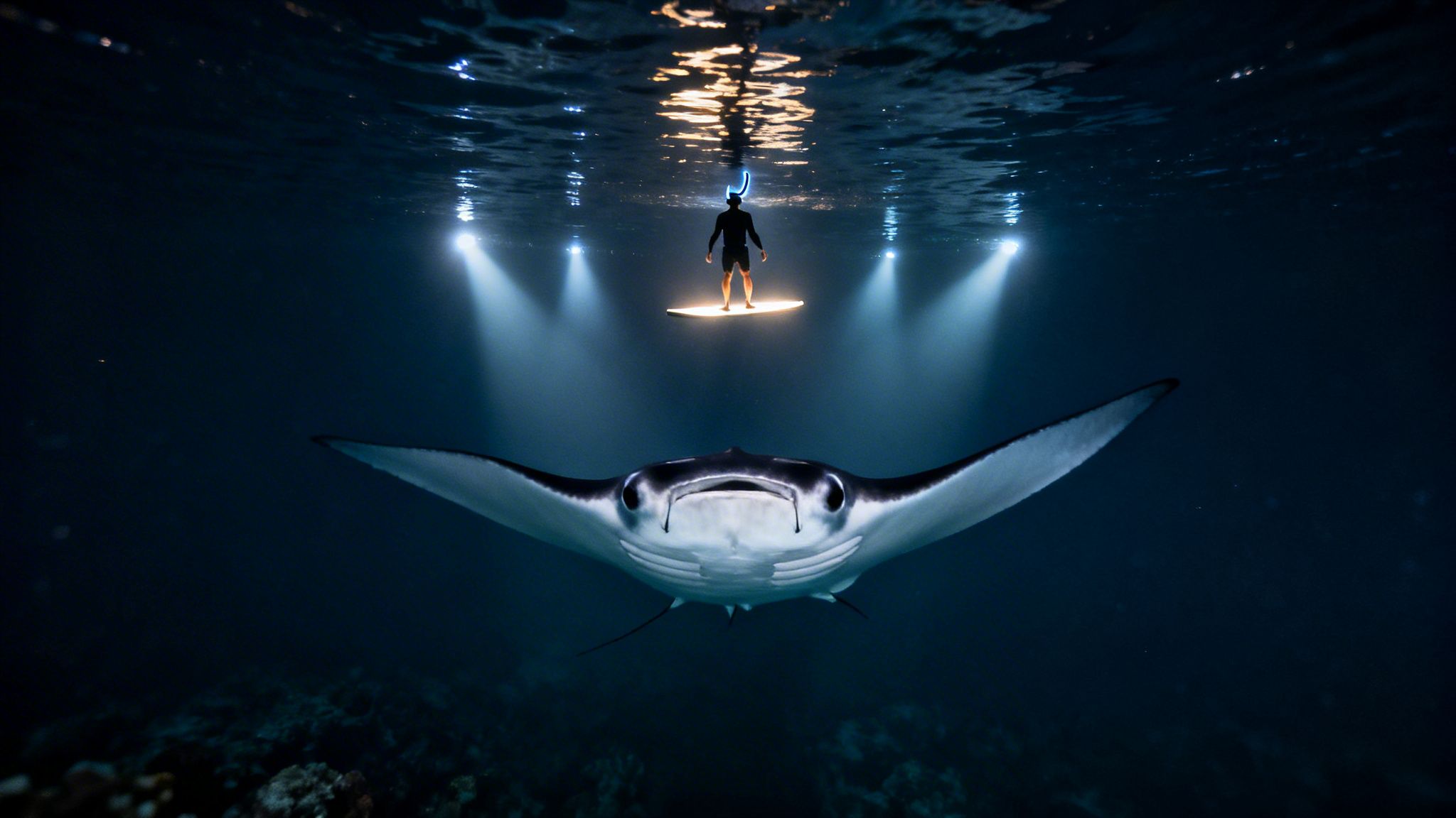 A majestic manta ray swims underwater at night, illuminated by a person on a glowing paddleboard above.