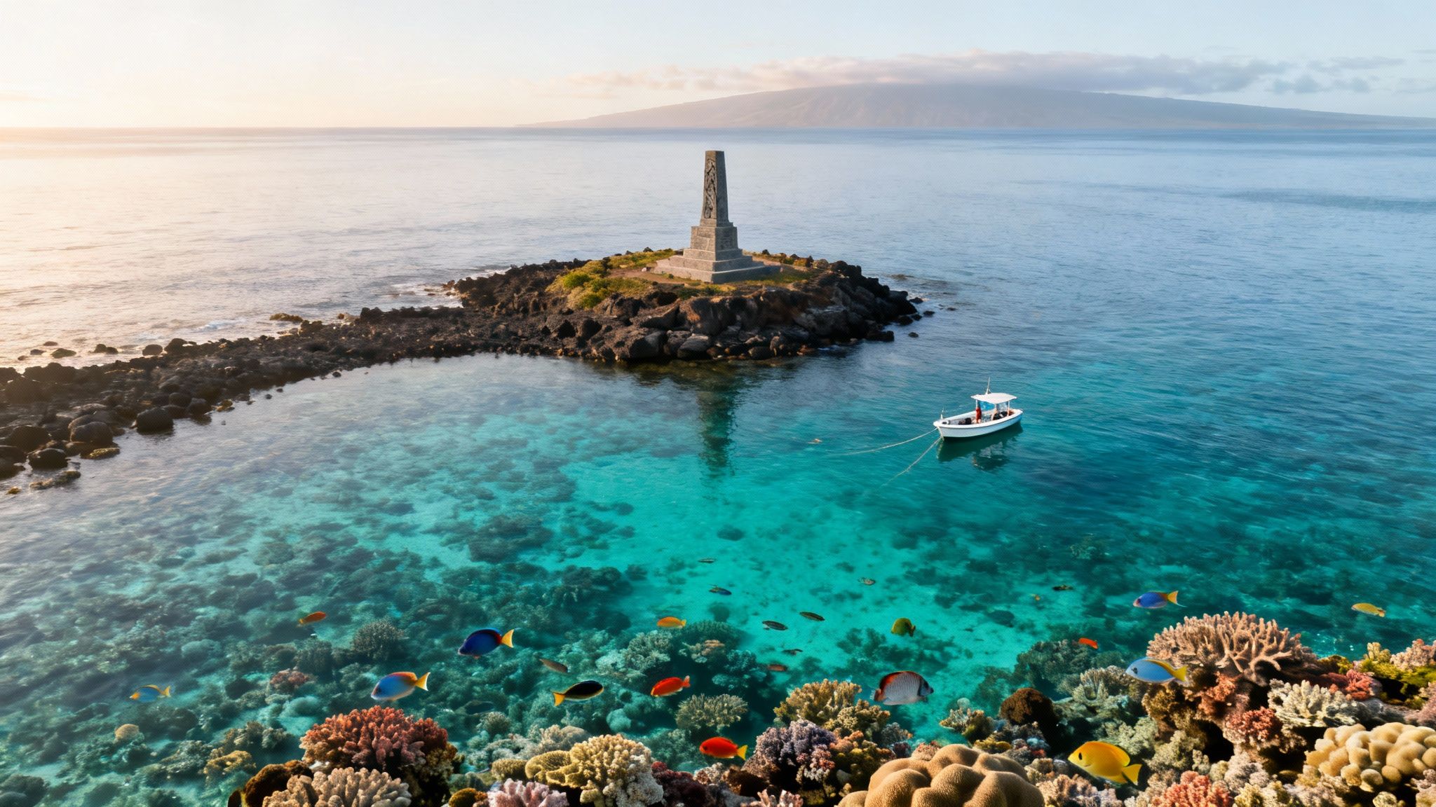Captain Cook monument on a rocky islet, with a vibrant coral reef, colorful fish, and a boat.