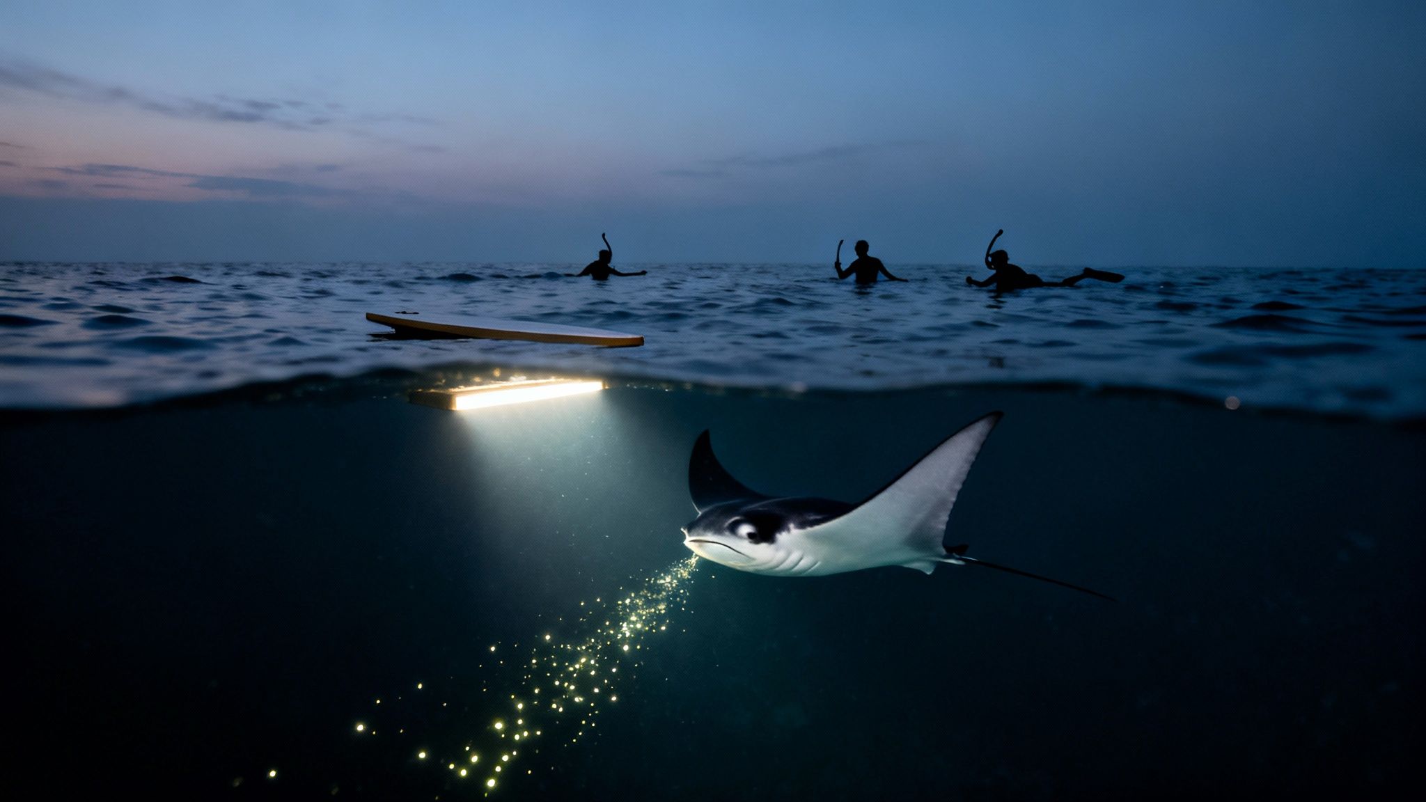 Night view of people snorkeling above a manta ray feeding on glowing plankton underwater.