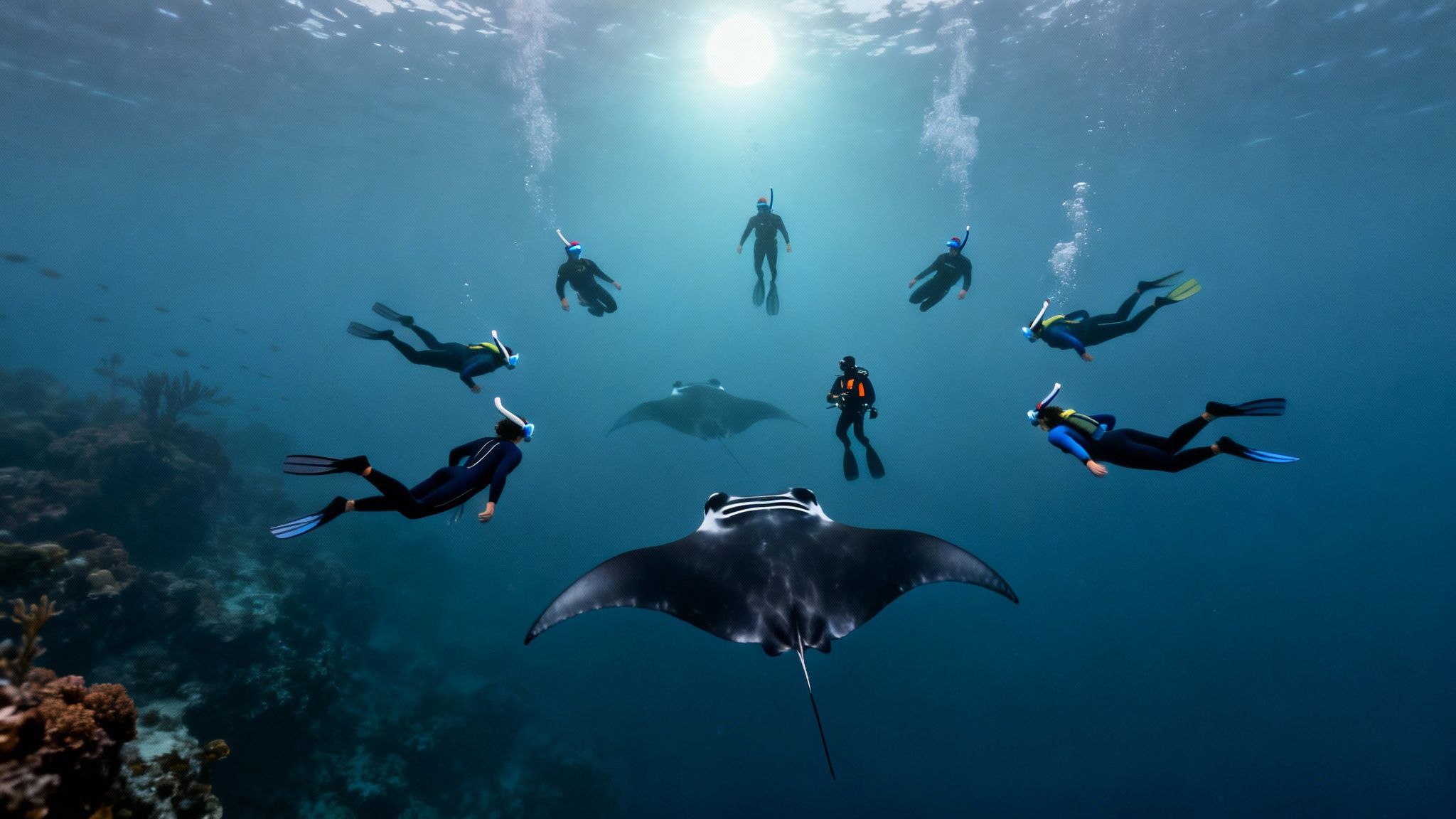 Snorkelers and a scuba diver observe two majestic manta rays underwater near a vibrant coral reef.