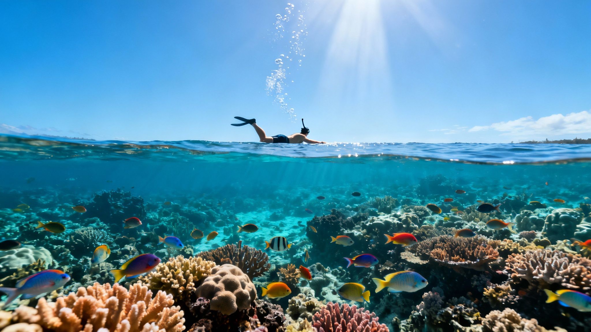 Split-level view of a person snorkeling above a vibrant coral reef teeming with colorful fish.