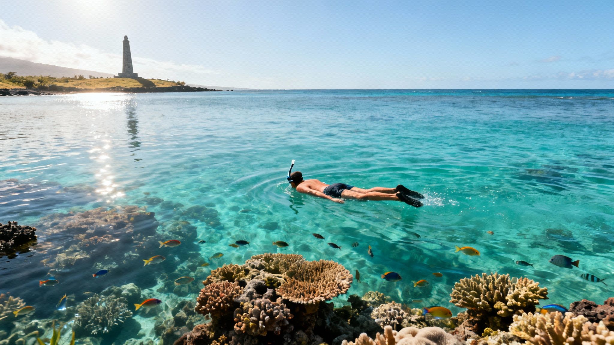 Snorkeler swimming above vibrant coral reef with colorful tropical fish in crystal clear Hawaiian waters