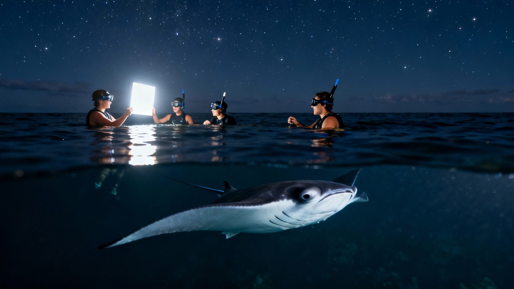 Four people night snorkeling, holding a bright light to observe a majestic manta ray underwater.
