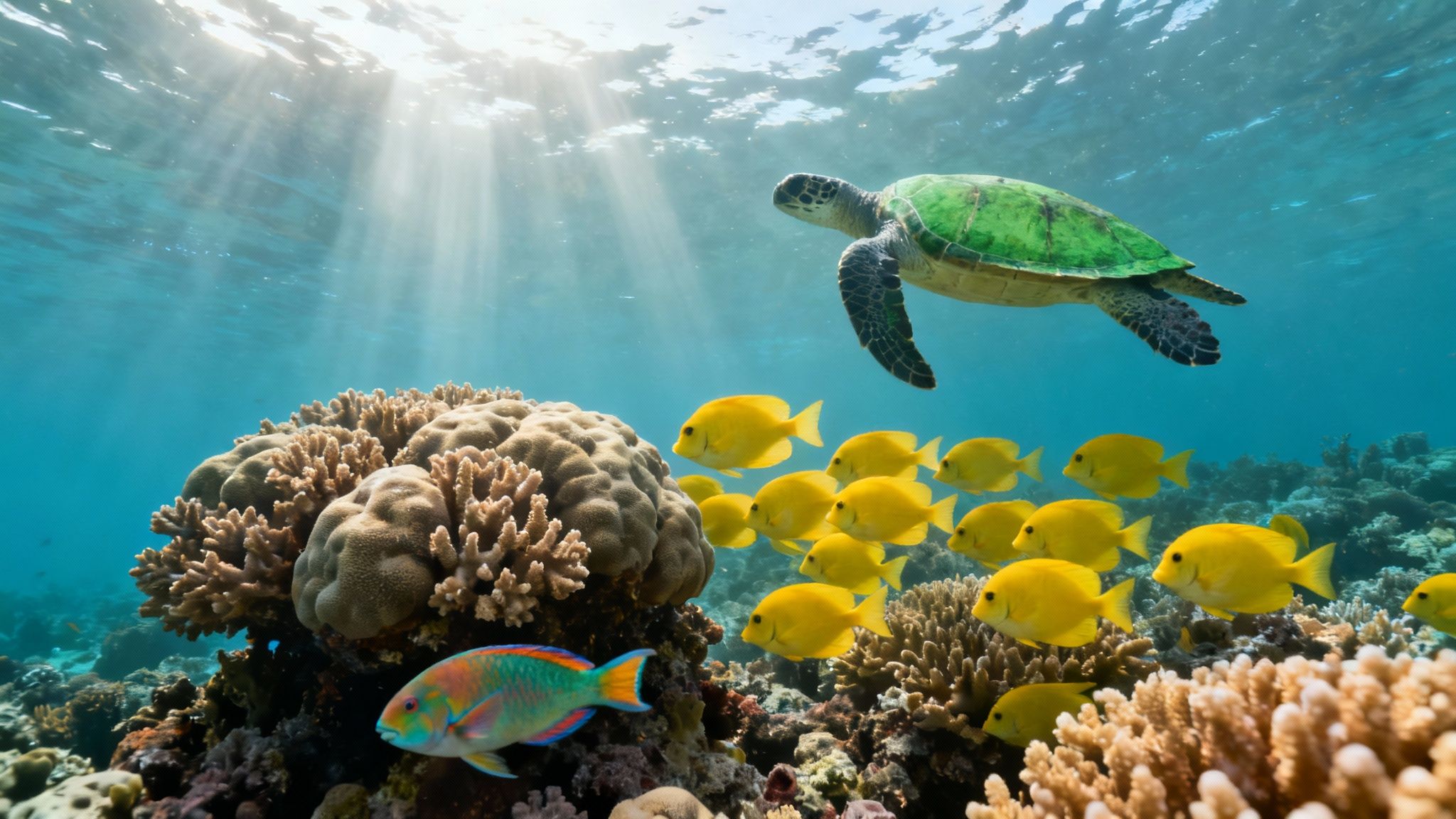 A vibrant underwater scene with a green sea turtle, a school of yellow fish, and coral reefs.