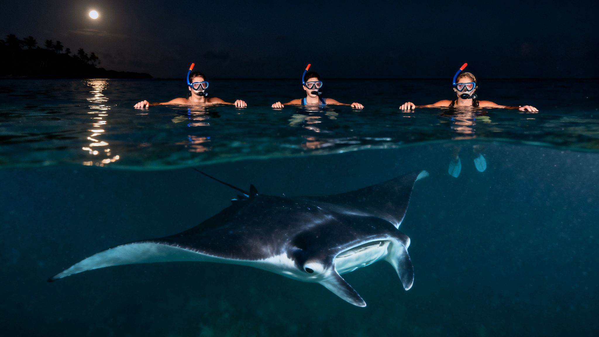 Three people night snorkeling with a large manta ray under a bright full moon.