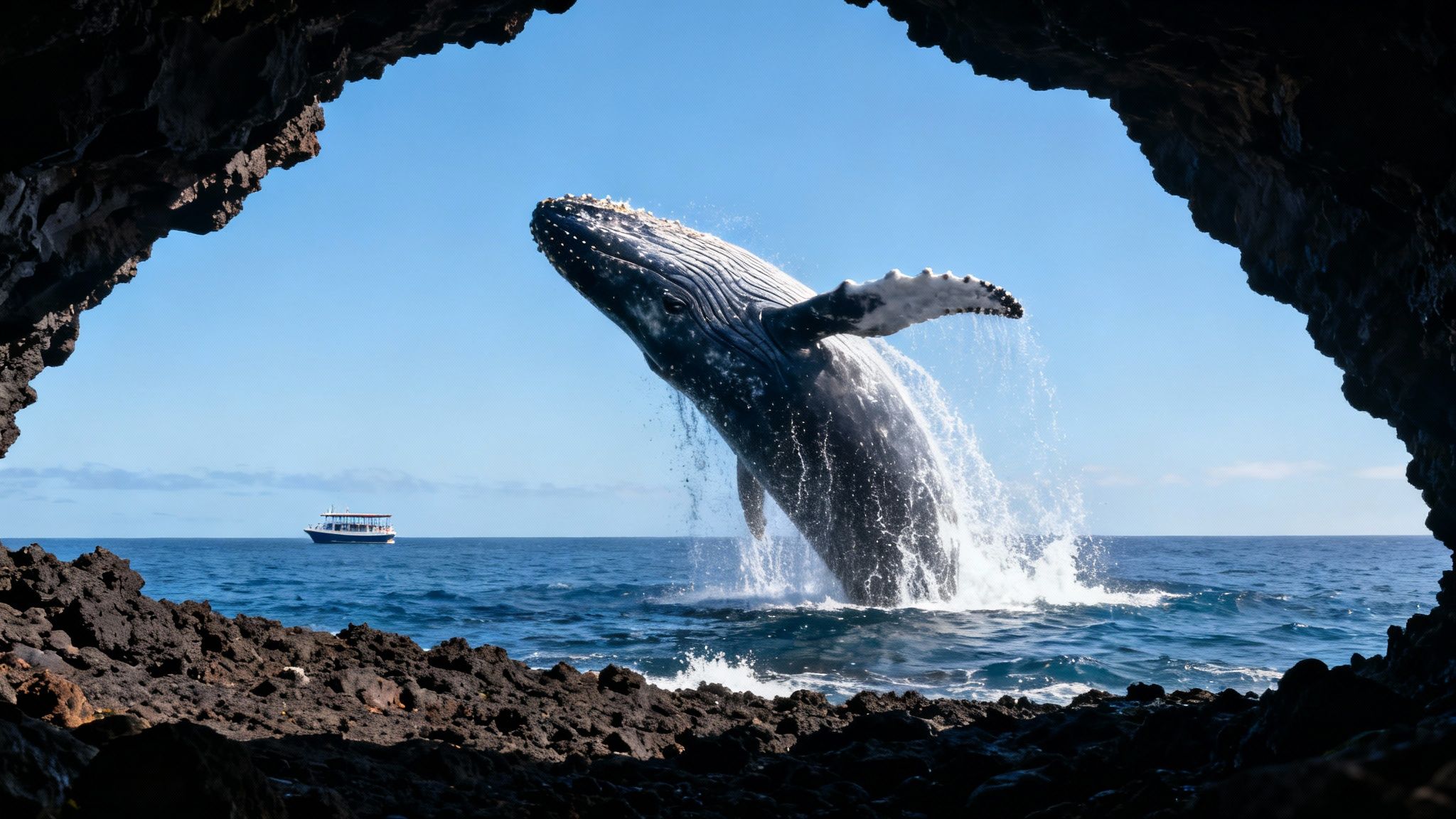 A magnificent humpback whale breaches from the ocean, framed by a dark cave opening with a boat nearby.