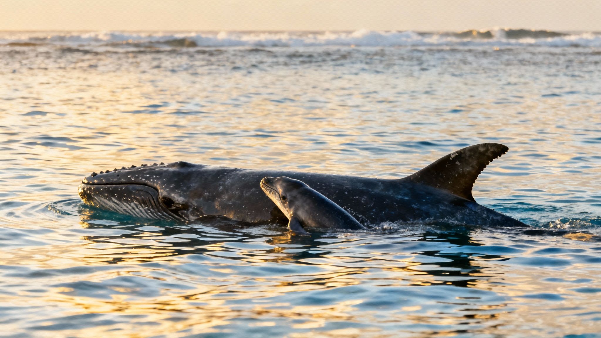 Humpback whale mother and calf swimming together in Hawaiian coastal waters during golden hour