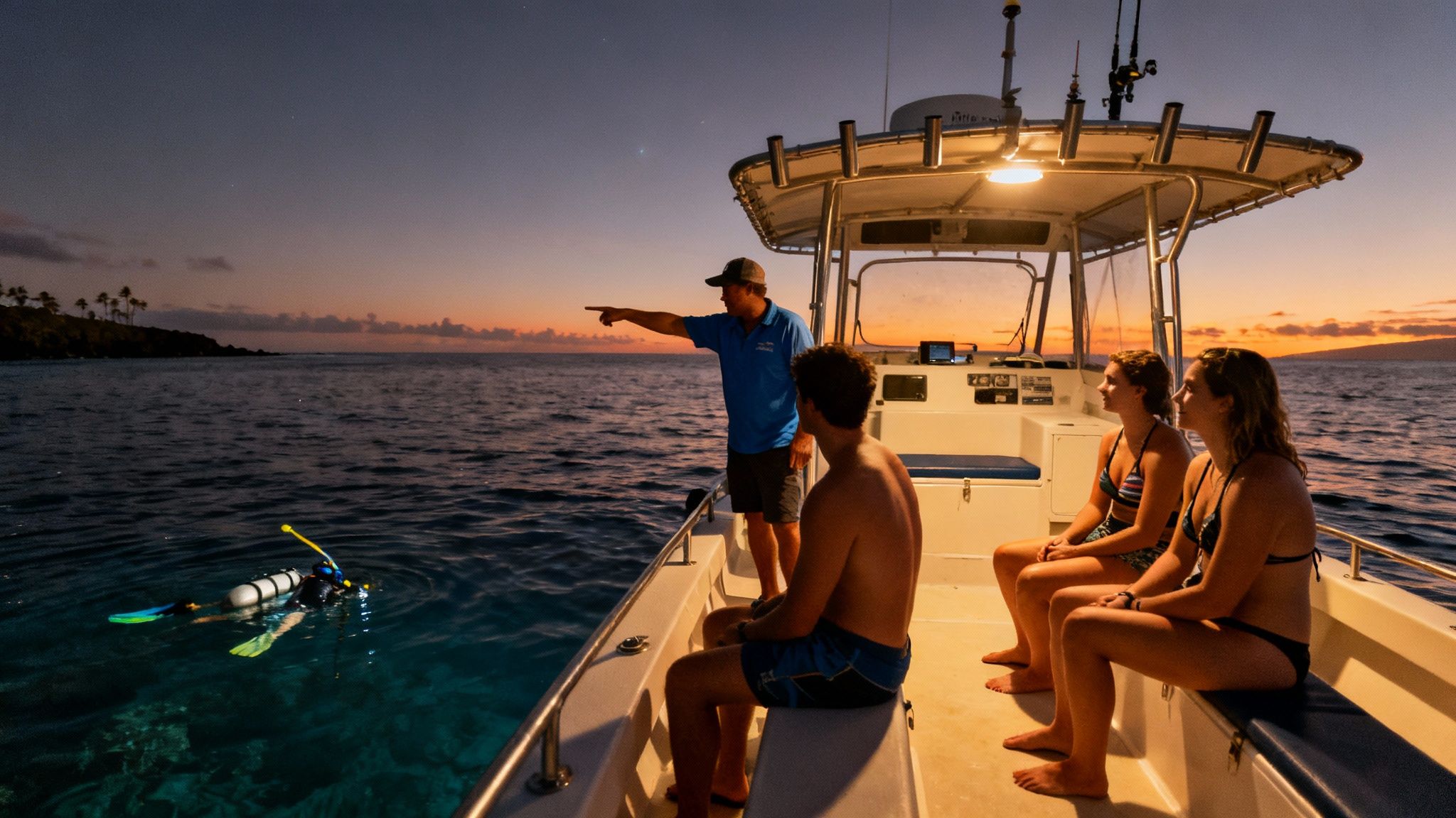 A group of snorkelers holding onto a light board at night, watching manta rays below.