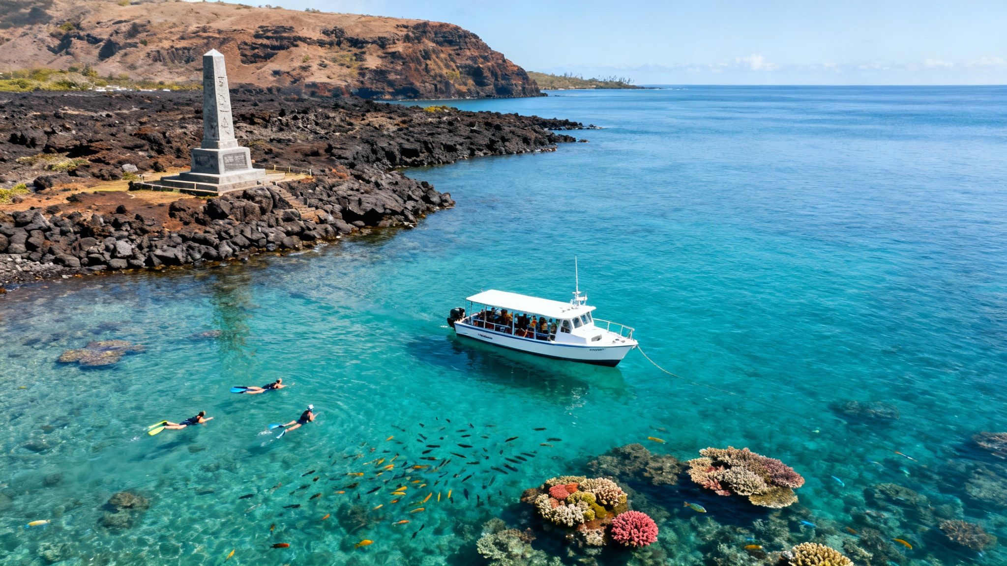 Snorkelers, a tour boat, and a monument near Captain Cook Bay with coral reefs and fish.
