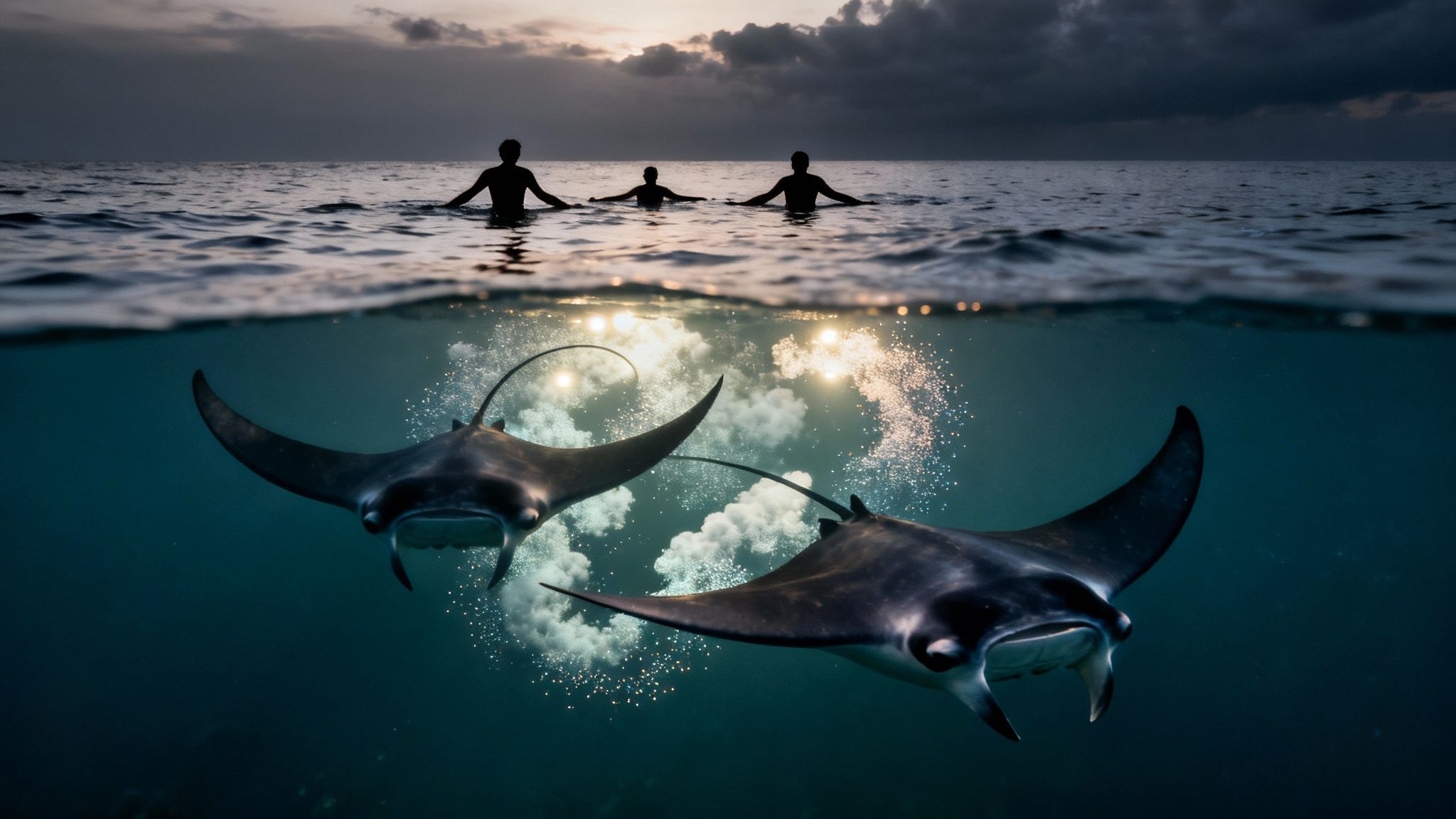 Split shot: people snorkeling at sunset above, two majestic manta rays swimming below.