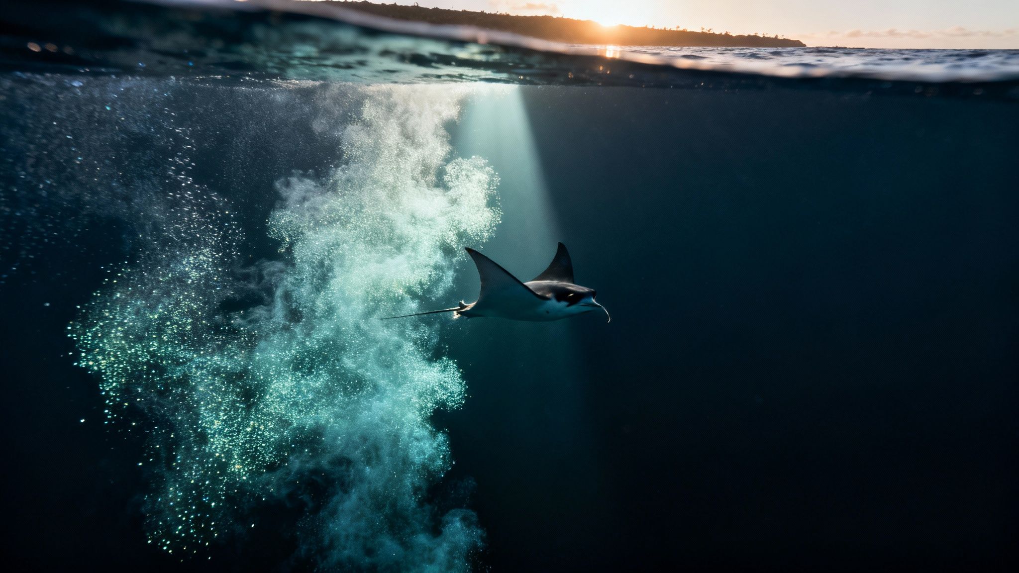 Manta ray swimming underwater with bubbles near ocean surface at sunset in Kona