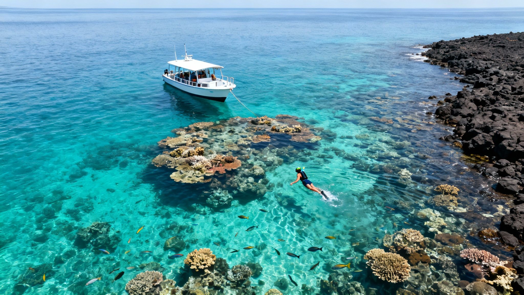 Aerial view of a person snorkeling in clear turquoise water near a boat and coral reef.