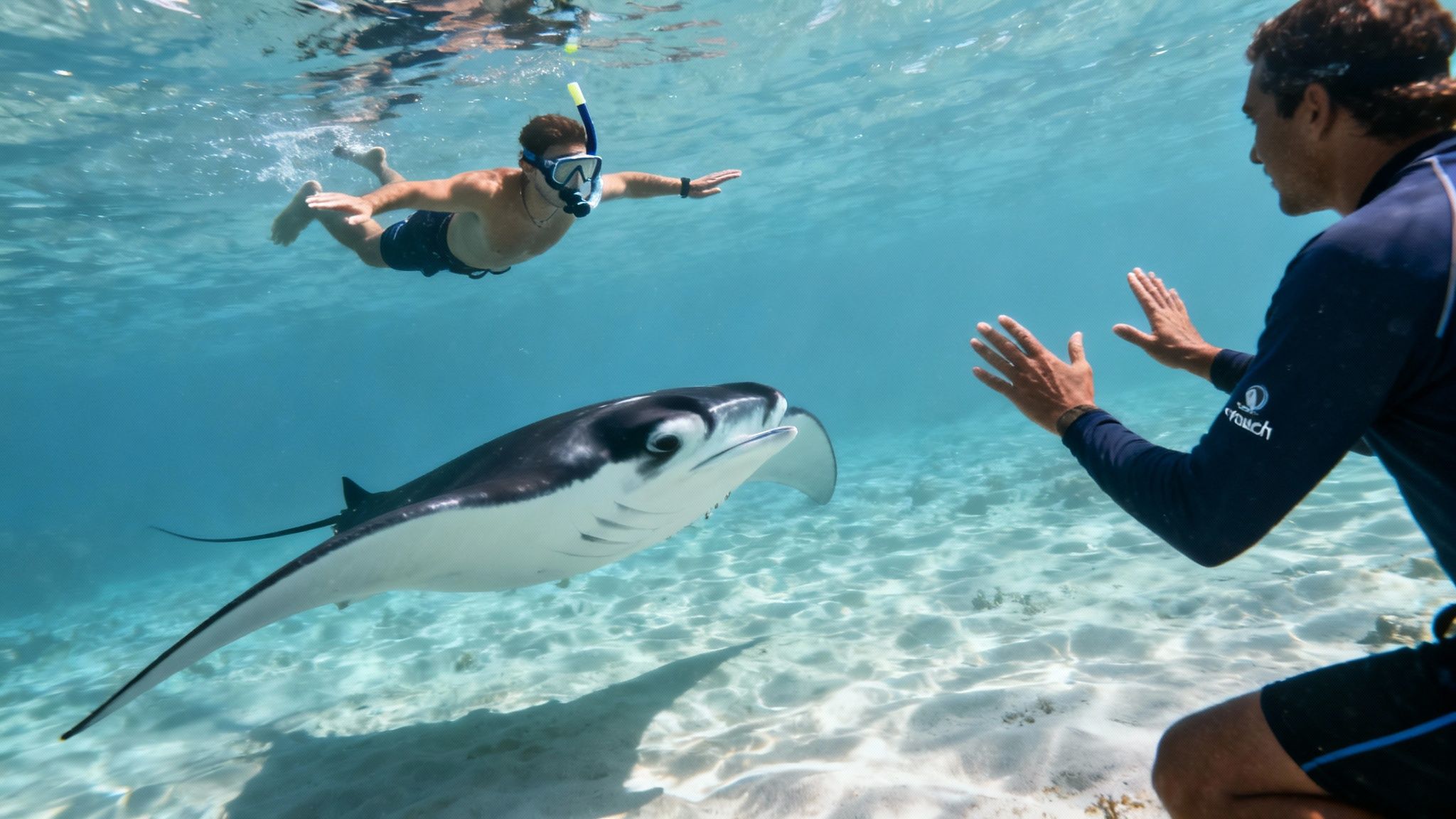 Two people snorkeling with a large manta ray in clear blue ocean water.
