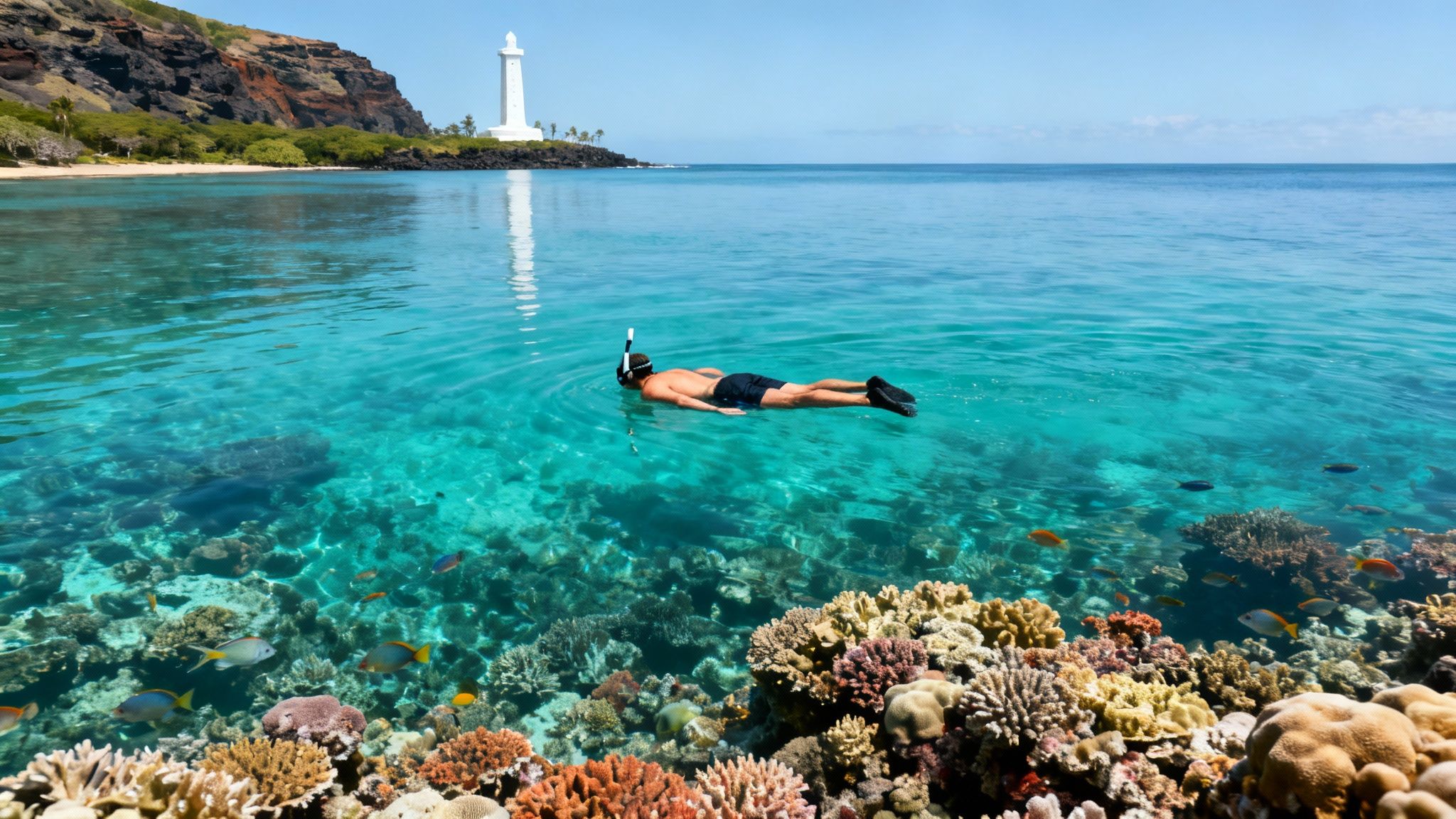 A person snorkels above a vibrant coral reef in clear blue tropical waters with a lighthouse on the shore.