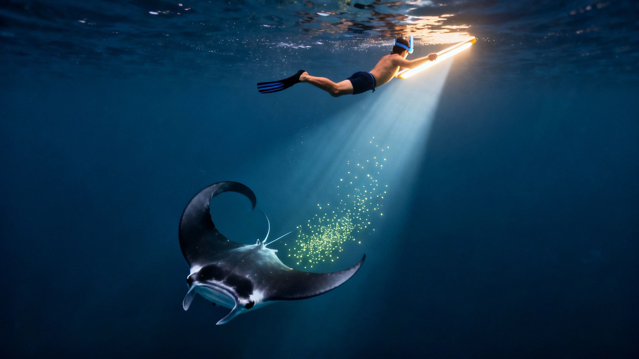 A snorkeler shines a bright light on a magnificent manta ray in the deep blue ocean, illuminating plankton.