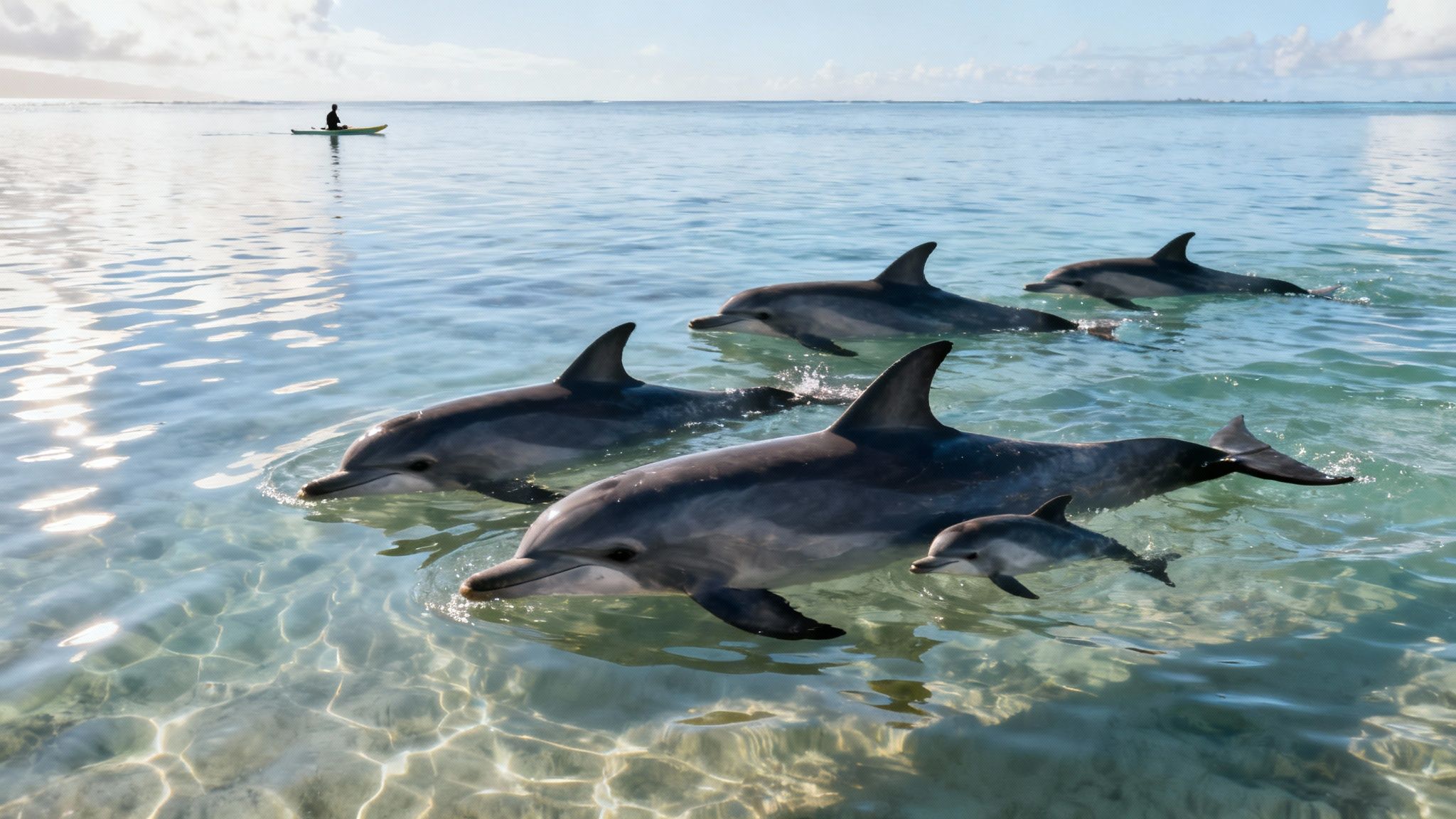 A pod of bottlenose dolphins, including a calf, swims in clear Hawaiian ocean waters near a distant kayaker.