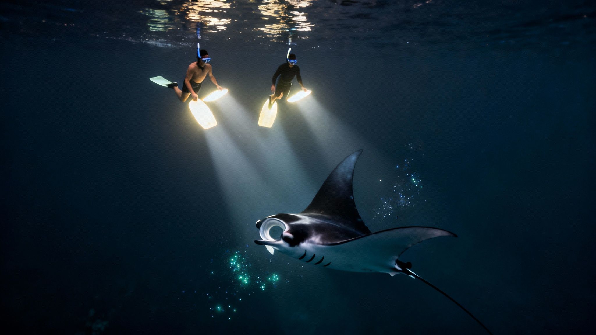 Two snorkelers shine bright lights on a majestic manta ray in the dark ocean.