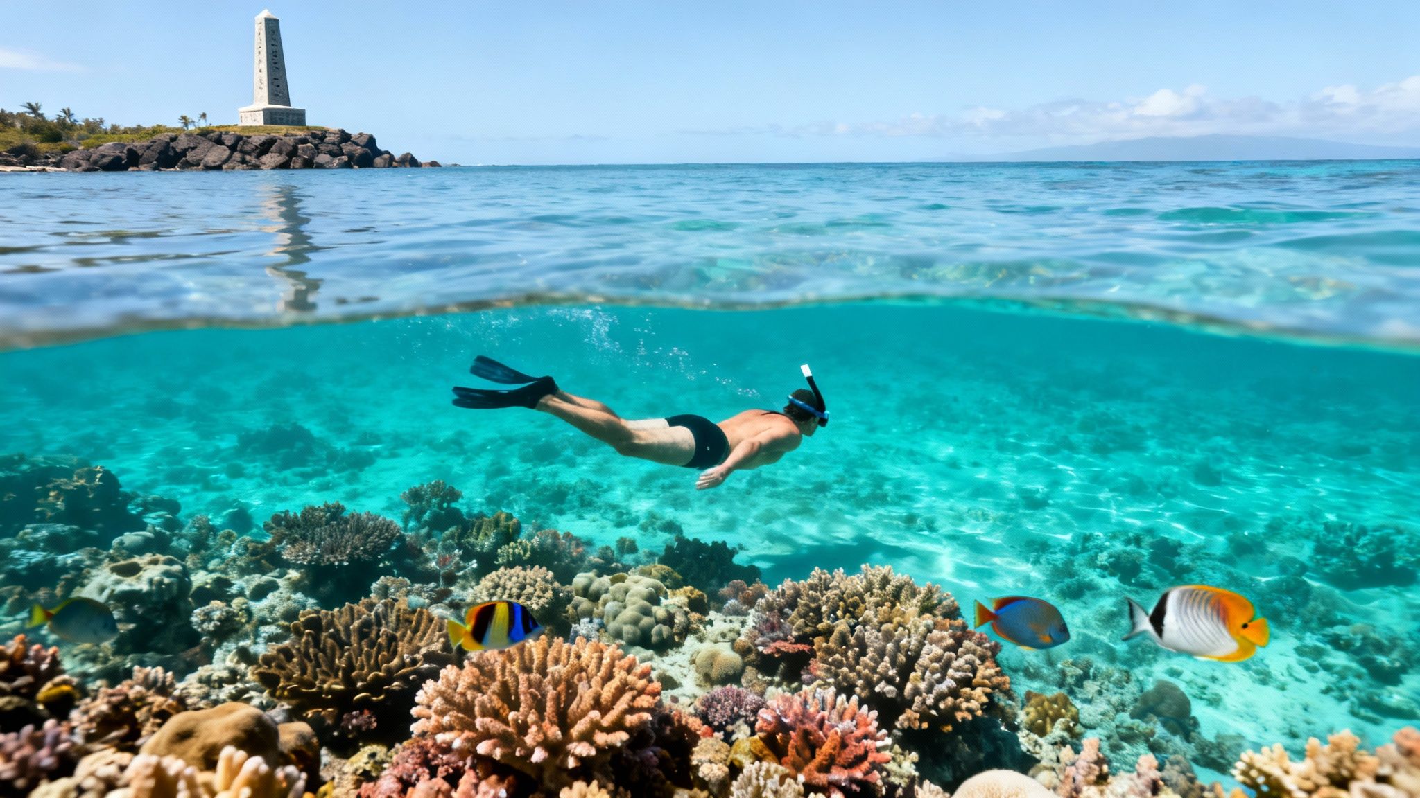 A man snorkels over a vibrant coral reef with tropical fish in clear blue water, near an island with a lighthouse.