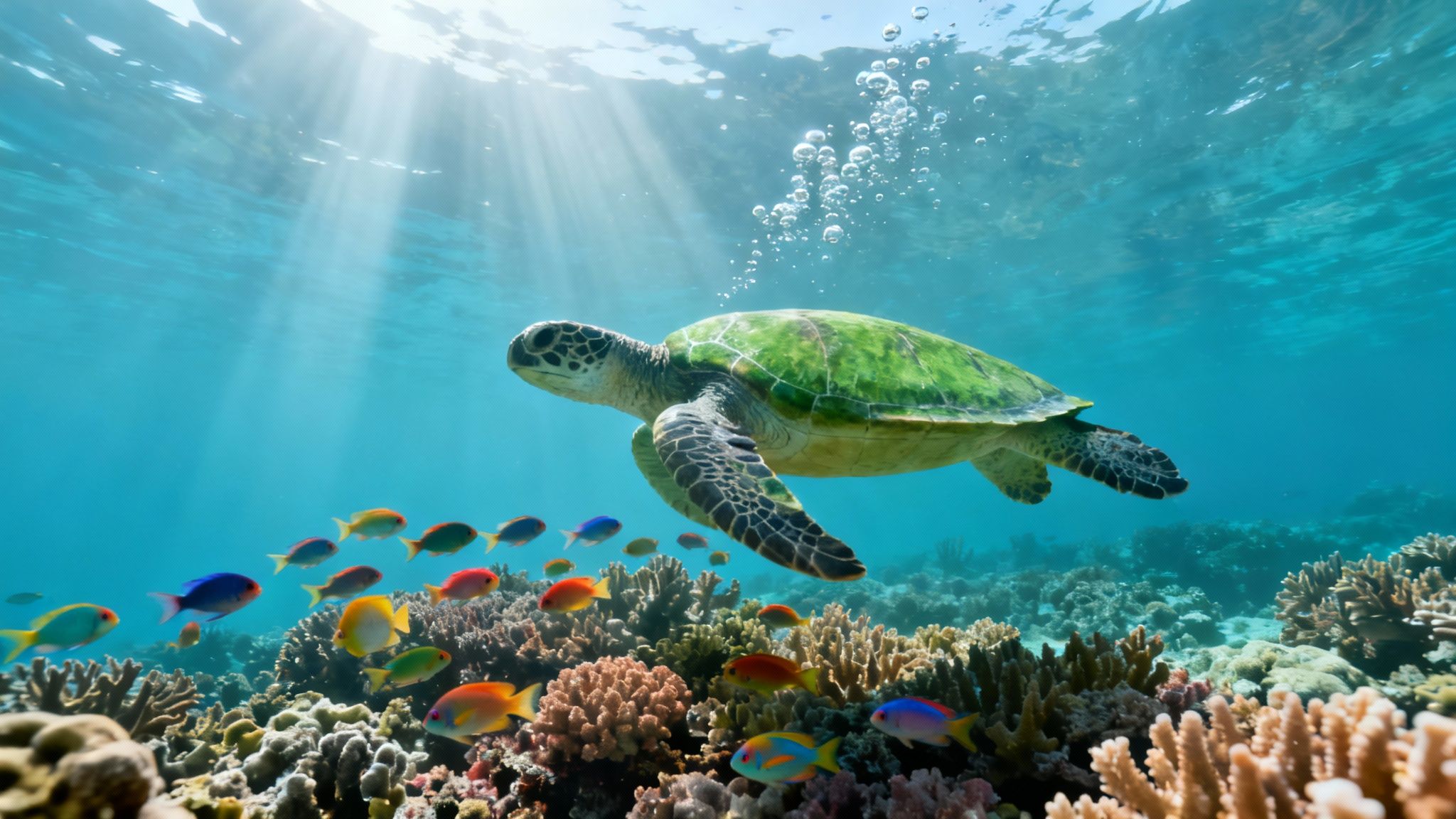 A majestic green sea turtle swims above a vibrant coral reef teeming with colorful tropical fish and sunlight.