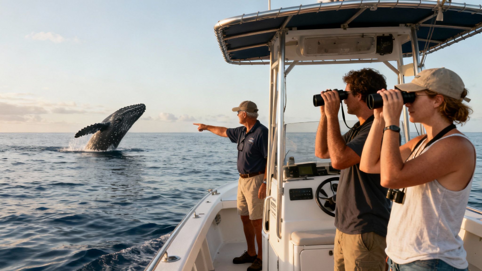 Tourists on boat watching humpback whale breach during whale watching tour in Kailua Kona Hawaii