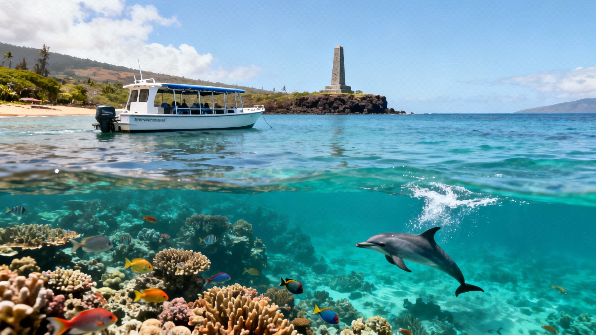 A split image reveals a boat near a tropical beach and monument, with coral, fish, and a dolphin underwater.