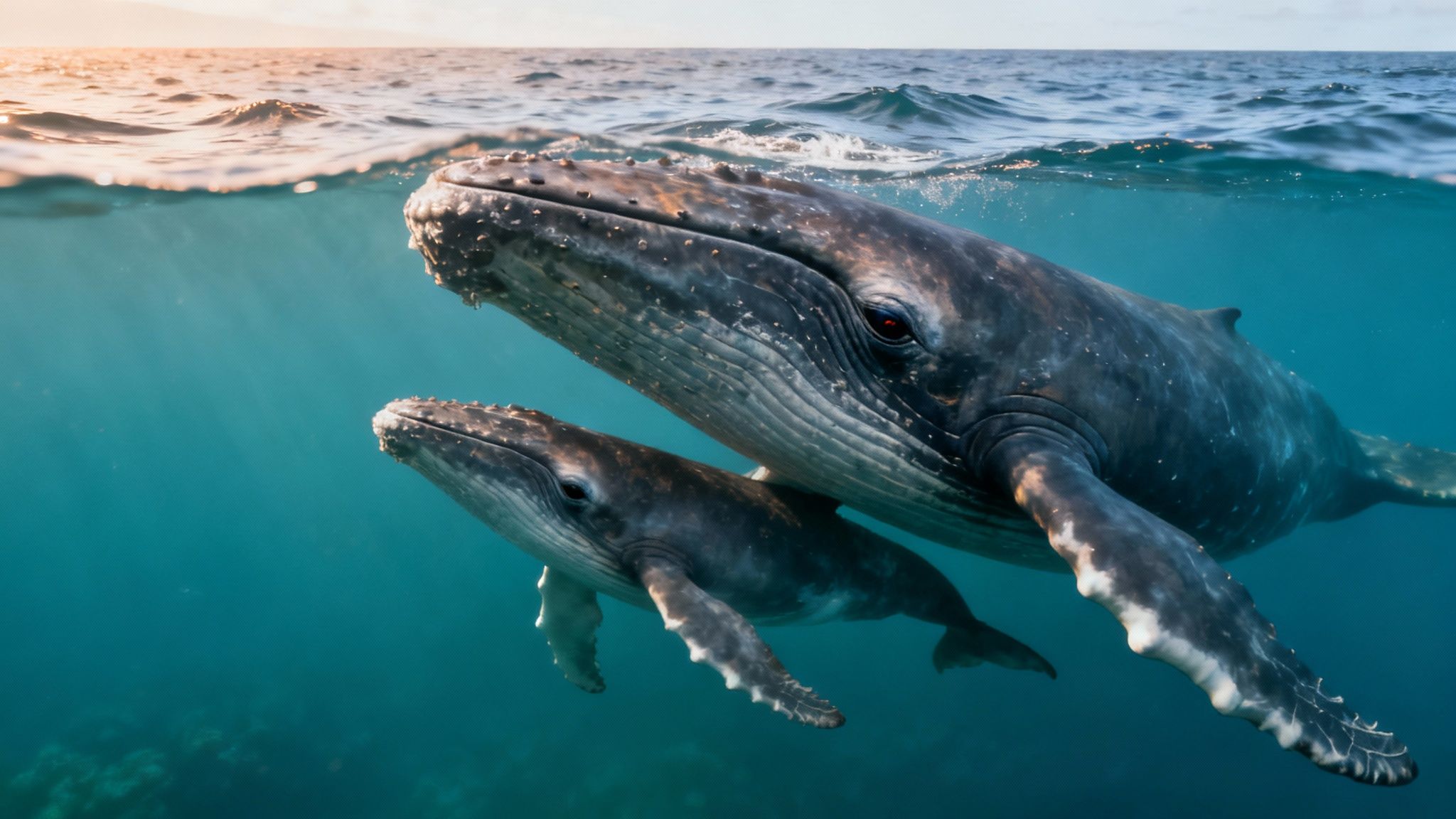 Humpback whale mother and calf swimming together near surface in clear turquoise ocean water