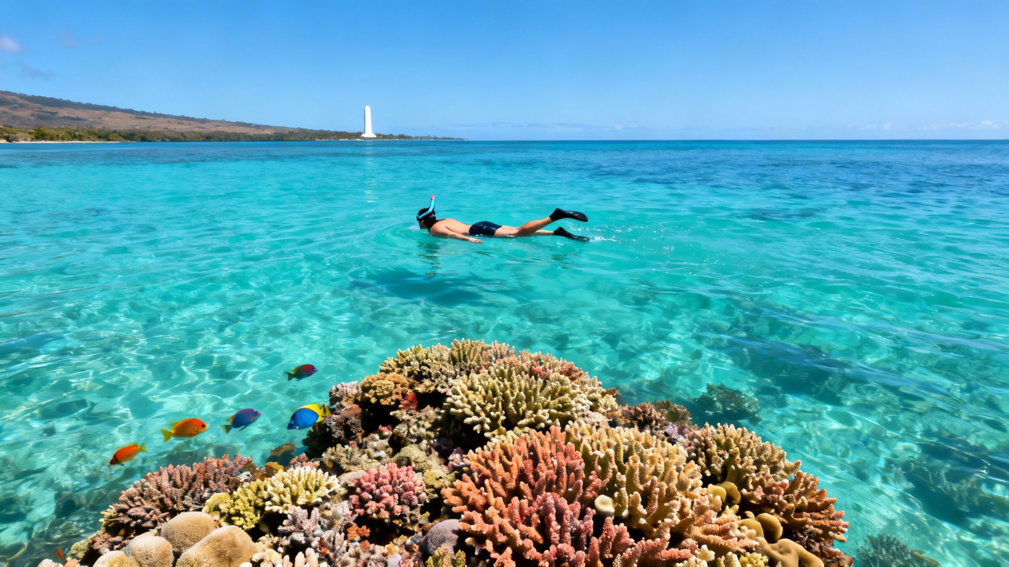 A man snorkels above a colorful coral reef teeming with fish in tropical blue waters.