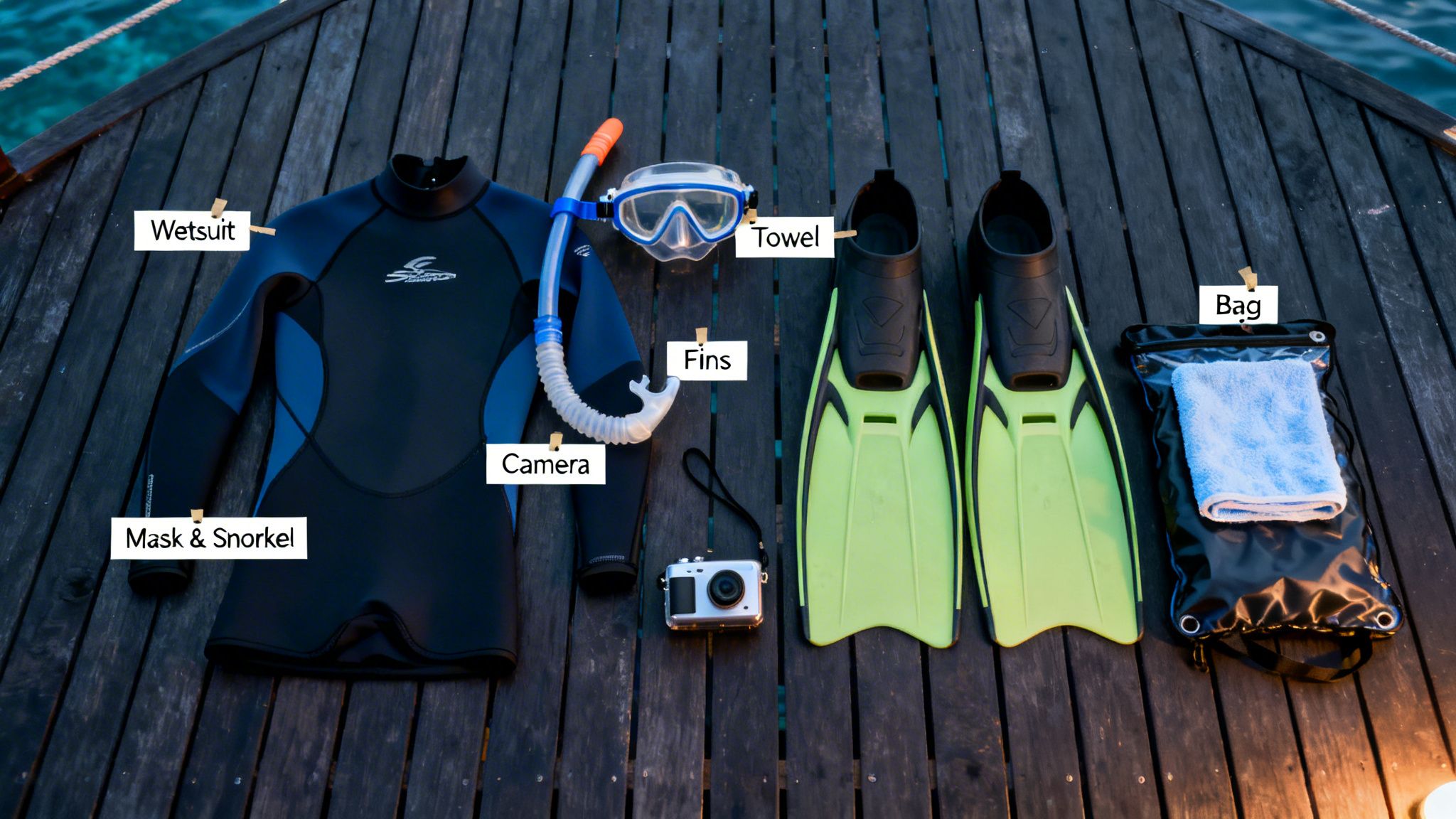 Snorkeling and diving gear, including wetsuit, mask, snorkel, fins, and bag, laid out on a wooden dock.