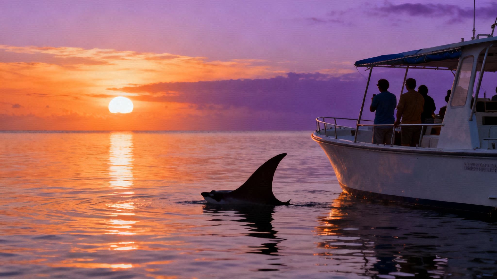 Tourists on a boat watch a manta ray swim at sunset, with a vibrant orange and purple sky.