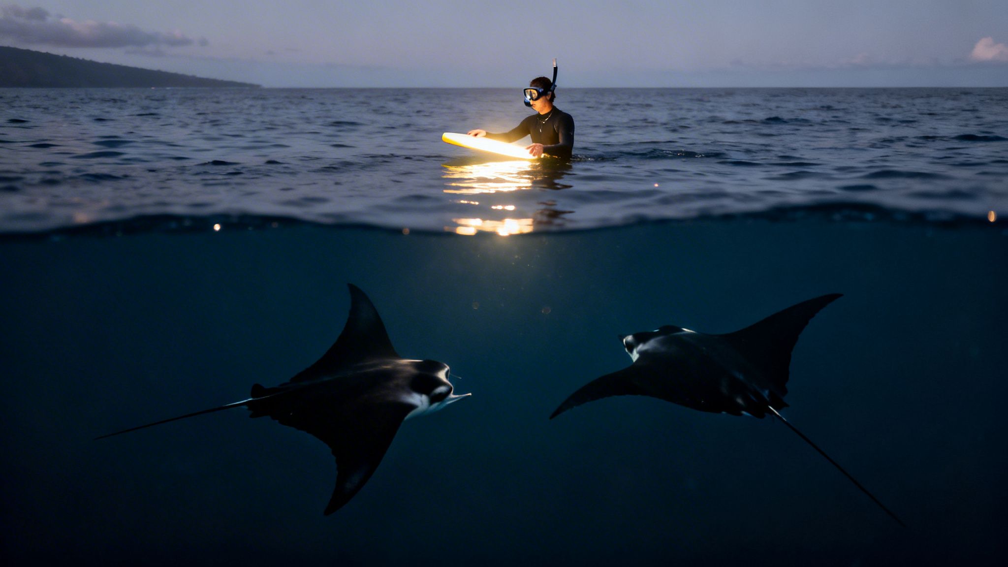 A snorkeler holds a glowing light stick in the ocean, attracting two manta rays underwater at dusk.