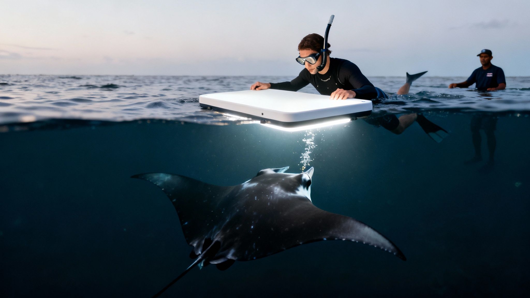 A snorkeler uses a lighted board to observe a manta ray feeding at night in the ocean.