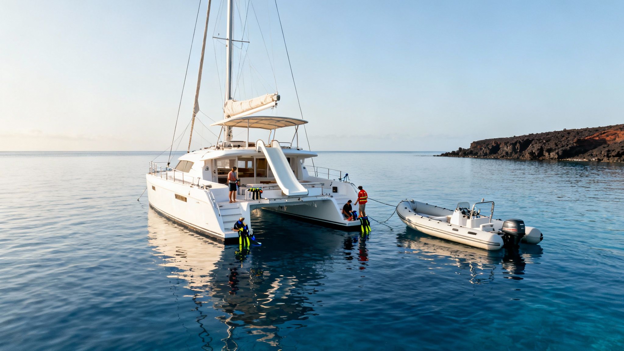 A white catamaran with a slide, dinghy, and people preparing to snorkel in calm blue sea.