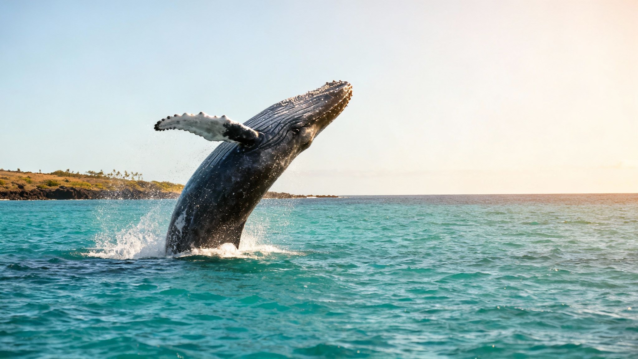 A majestic humpback whale breaches high out of the clear turquoise ocean water under a sunny sky.