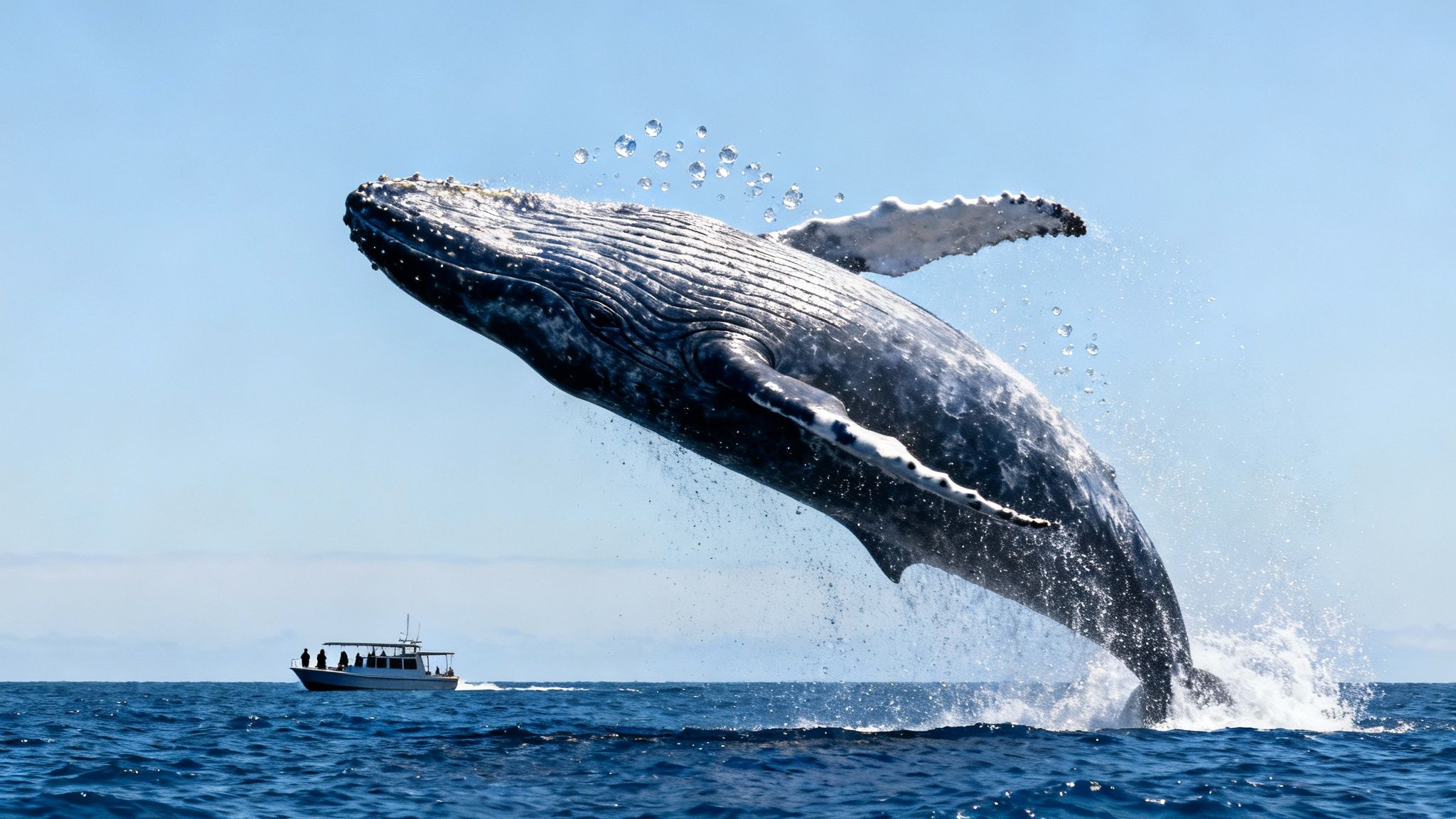 A majestic humpback whale breaches high from the blue ocean, with a whale-watching boat in the distance.