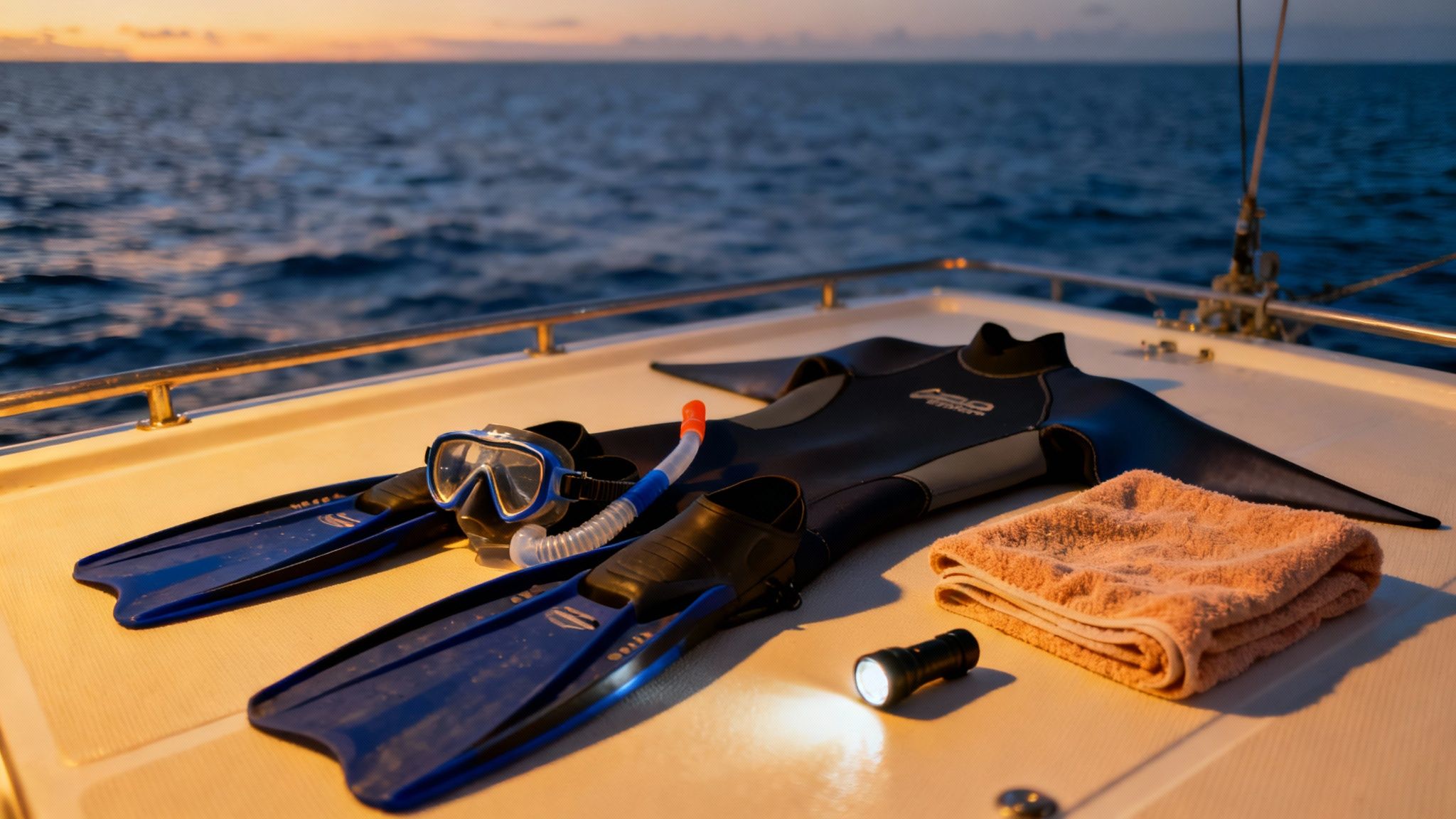 Snorkeling gear, including wetsuit, fins, mask, and snorkel, laid on a boat deck at sunset.