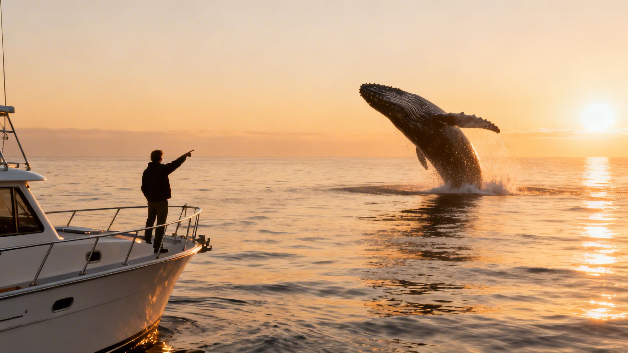 A person on a boat points at a humpback whale breaching out of the golden ocean at sunset.