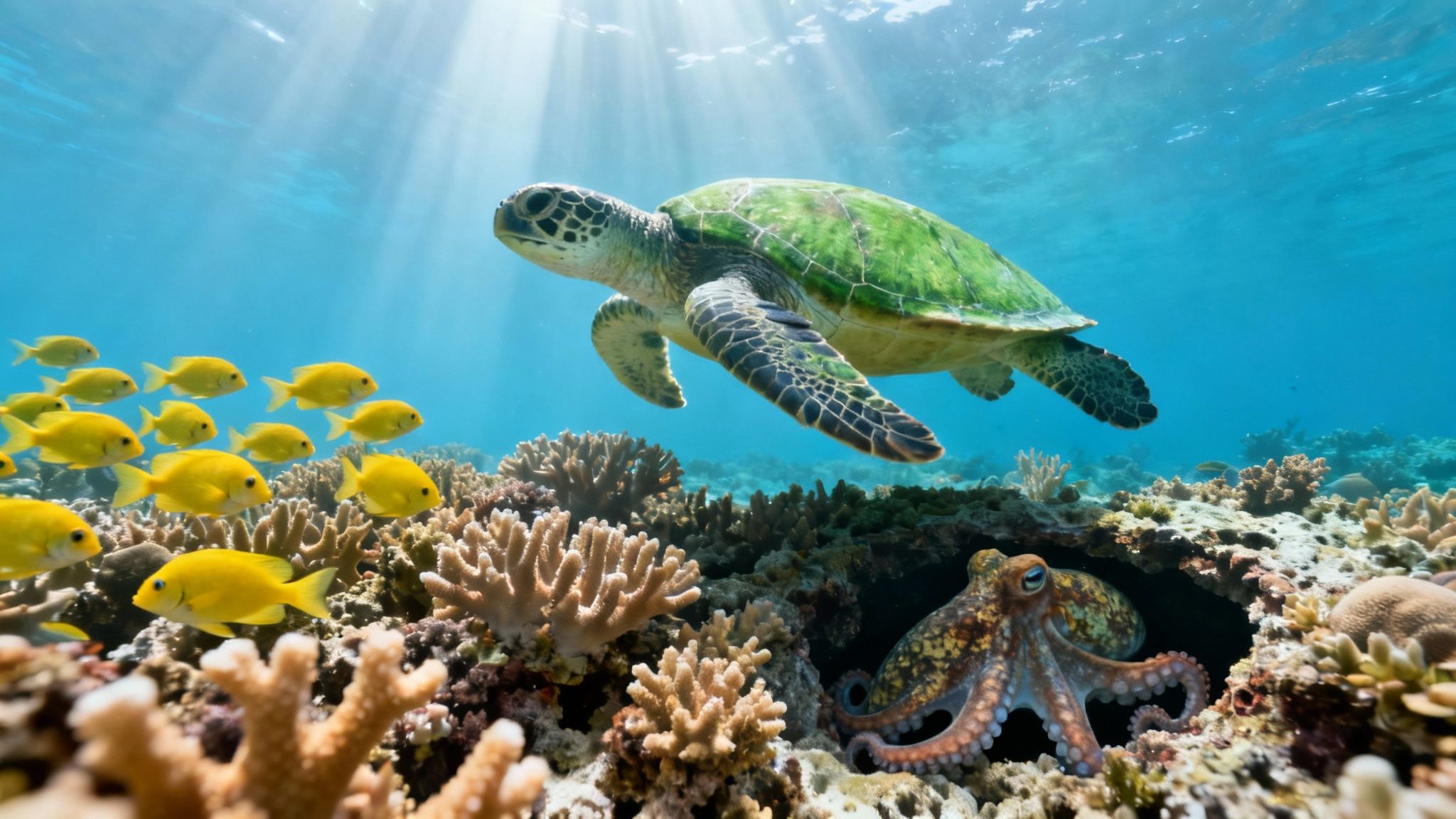 Green sea turtle, yellow fish, and an octopus explore a vibrant coral reef underwater.