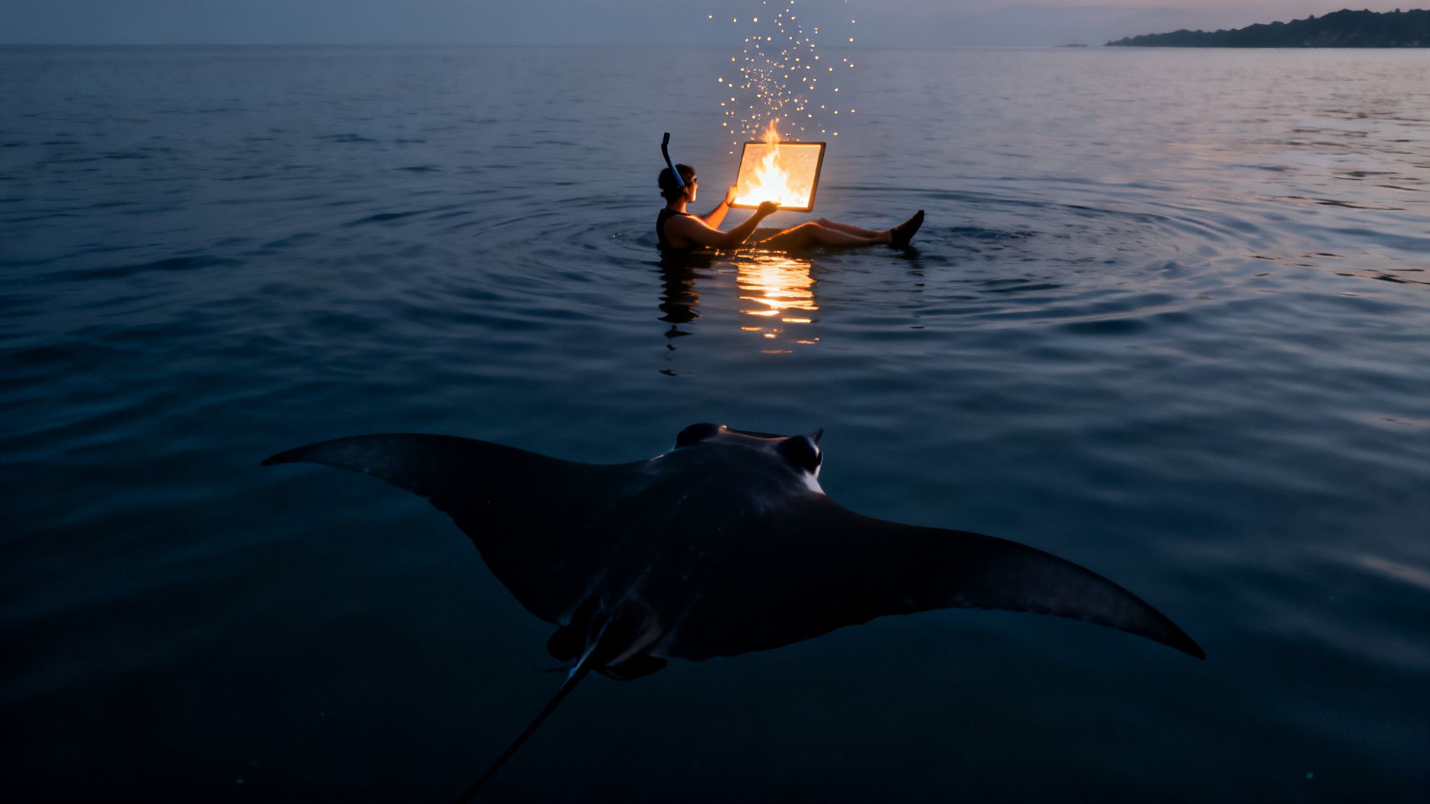 A snorkeler holds a glowing screen emitting sparks in dark water above a majestic manta ray.