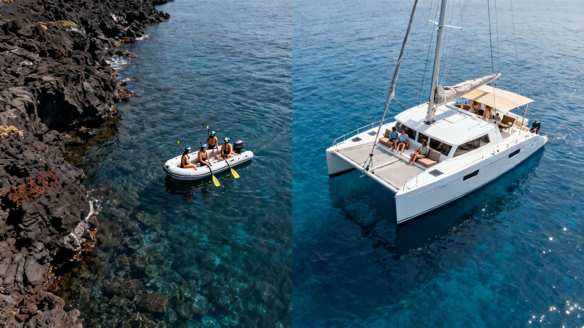 Aerial view of a white catamaran and an inflatable boat with snorkelers near a rocky coastline.