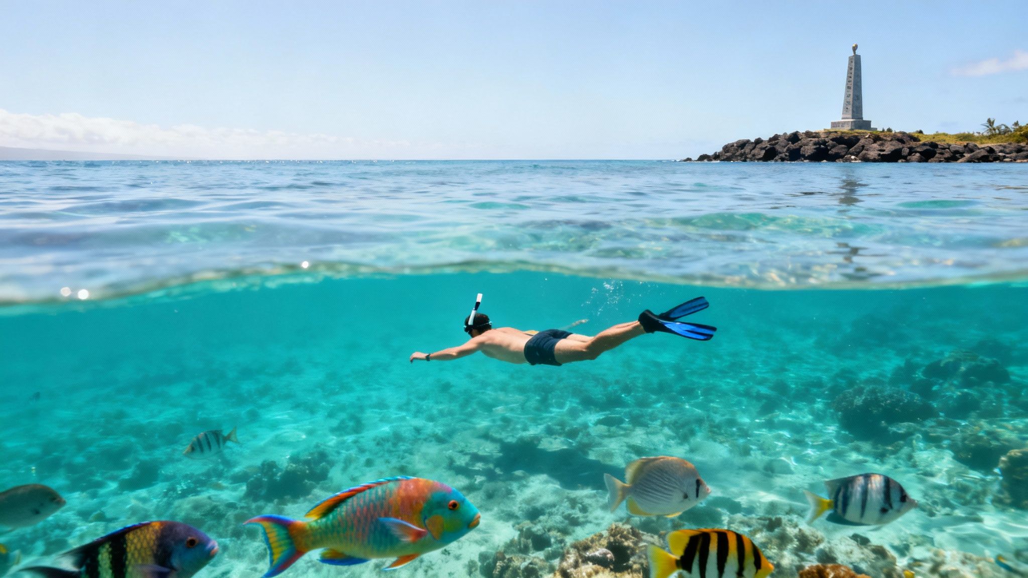 Underwater view of a man snorkeling with colorful fish, and a coastal monument above water.