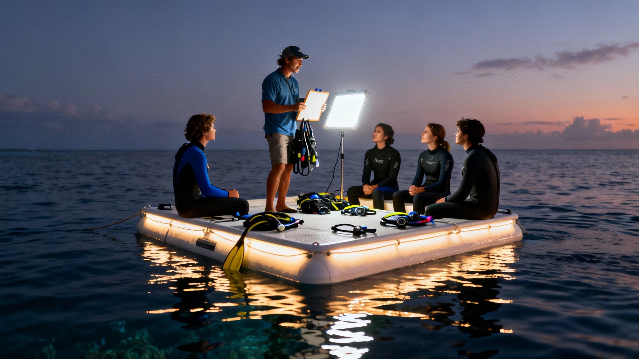 Instructor briefs divers in wetsuits on an illuminated floating platform at dusk in the ocean.