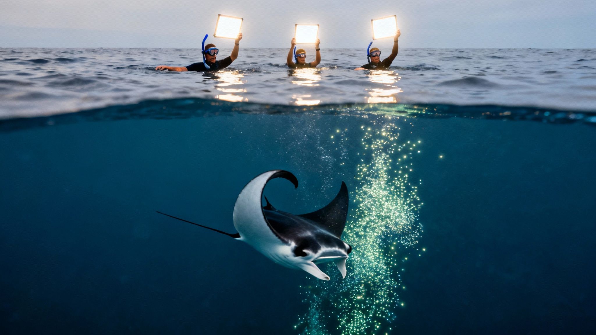 Three snorkelers with bright lights illuminate a majestic manta ray swimming gracefully underwater.