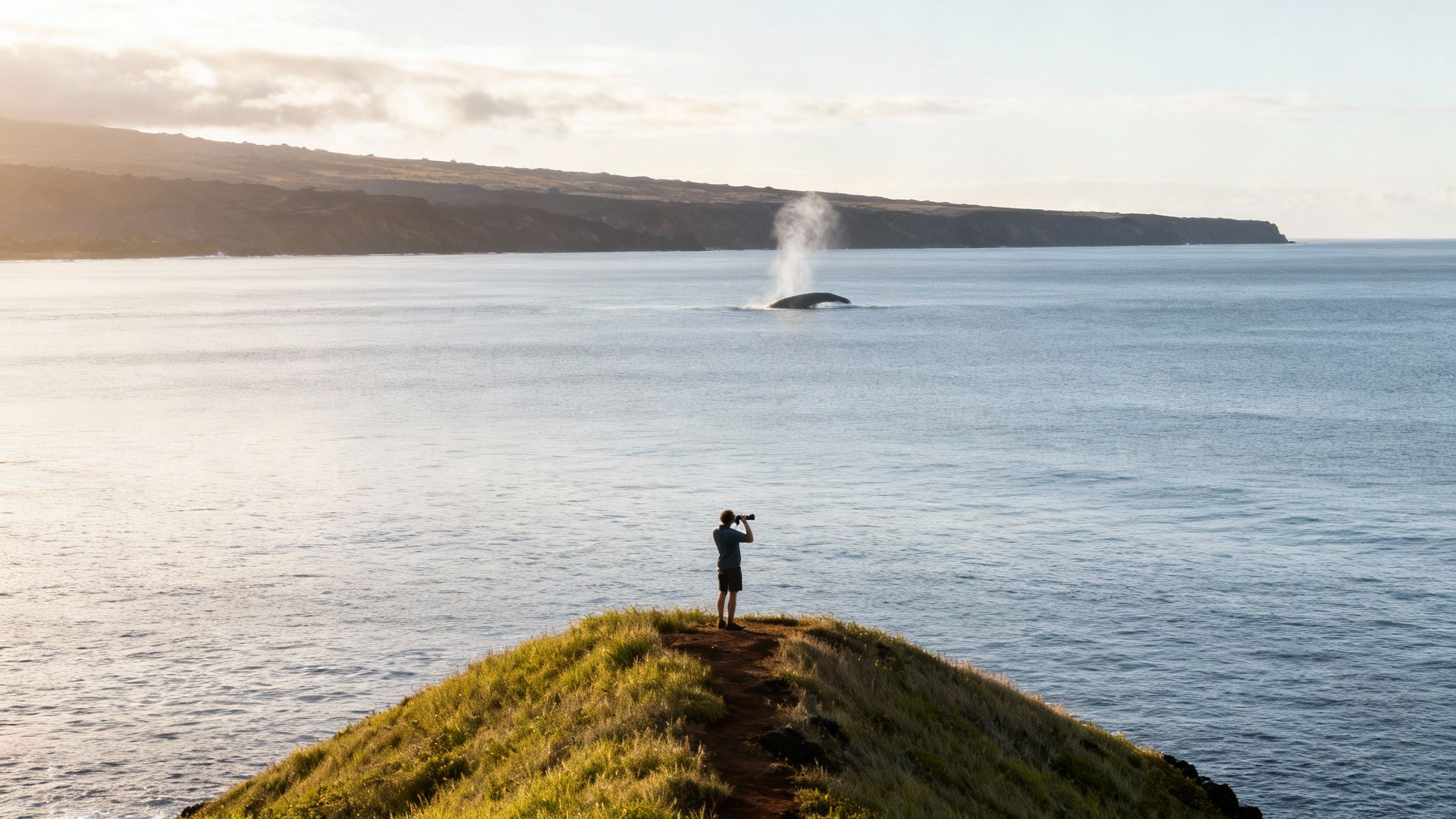Man on a grassy cliff watches a whale spout water in the ocean at sunset.