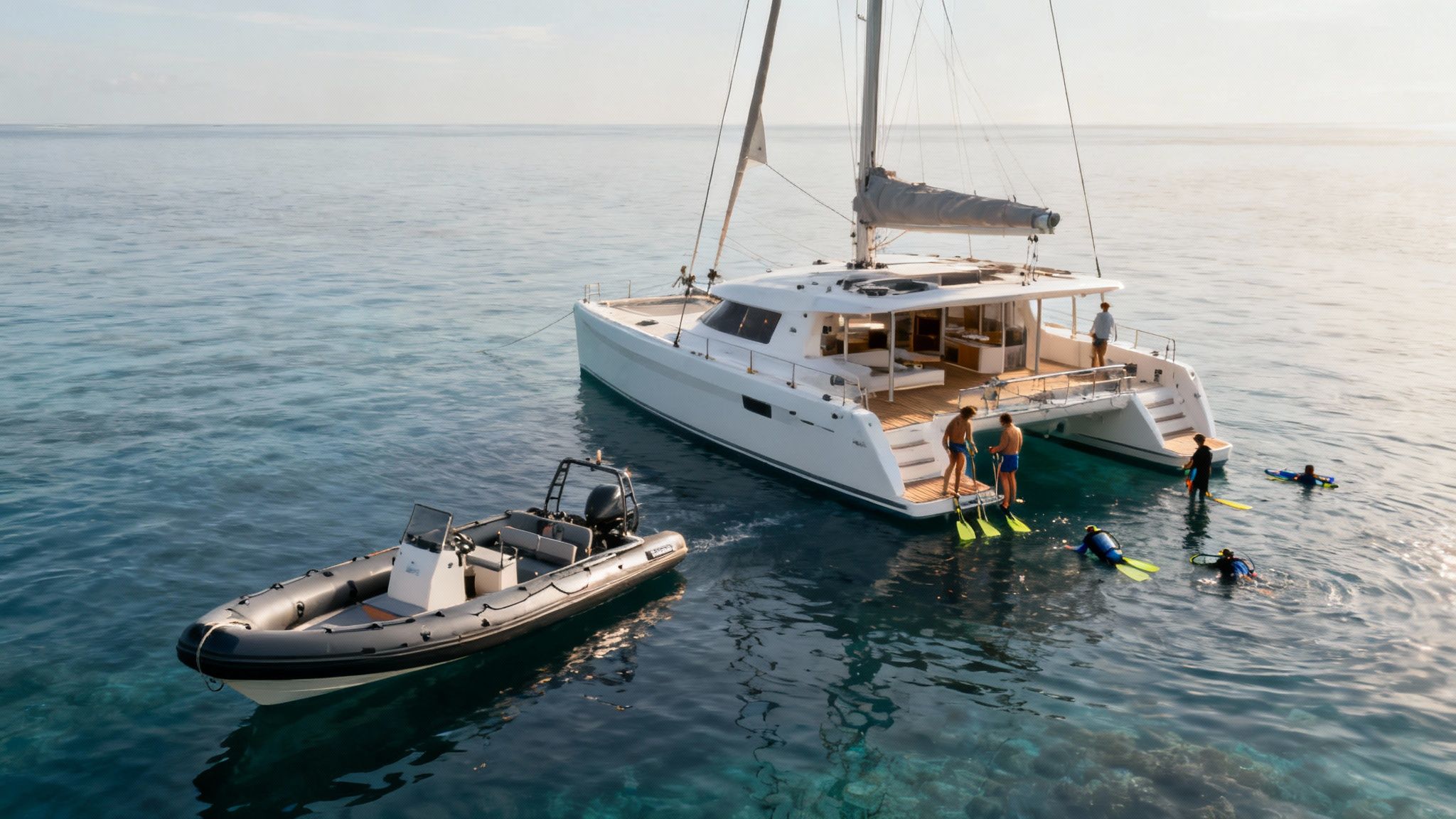 A large tour boat anchored in the clear turquoise waters of Kealakekua Bay