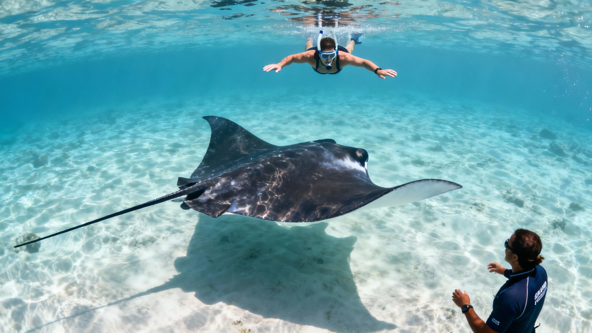 Two snorkelers observe a majestic manta ray gliding in crystal clear tropical waters over a sandy seabed.