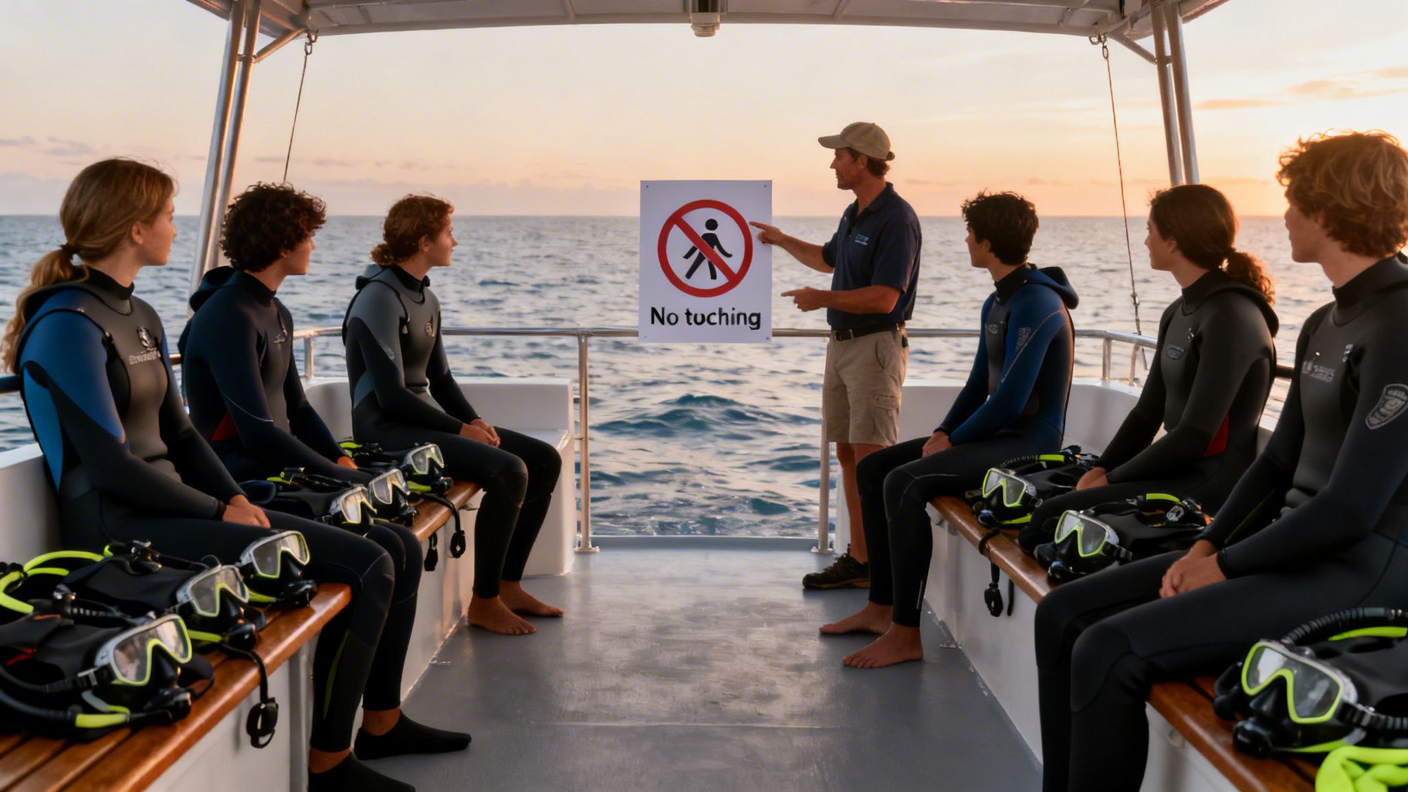 People in wetsuits on a boat listen to an instructor pointing at a 'No touching' sign, with the ocean in the background.