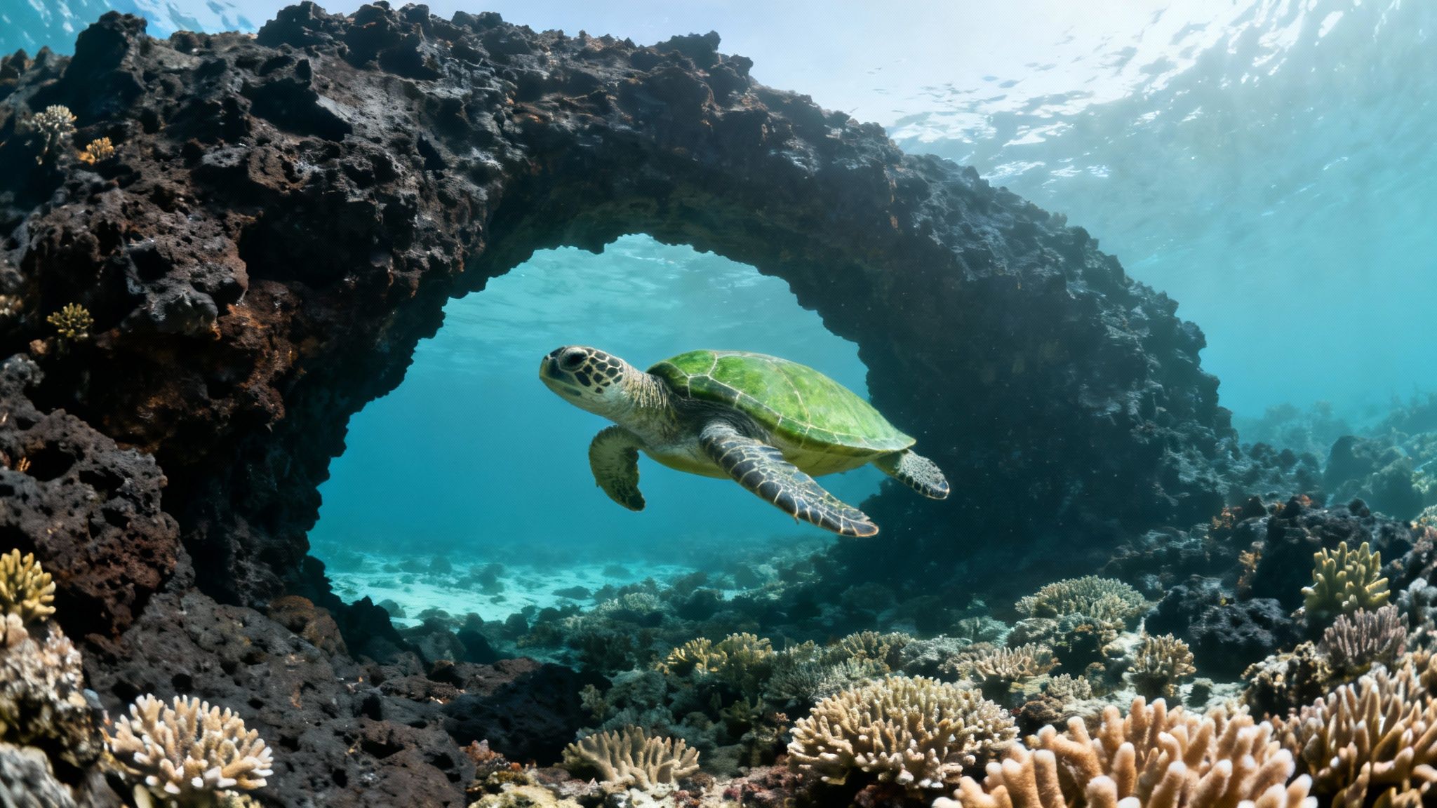 A vibrant green sea turtle swims gracefully through an underwater archway of dark rock amidst coral reefs.