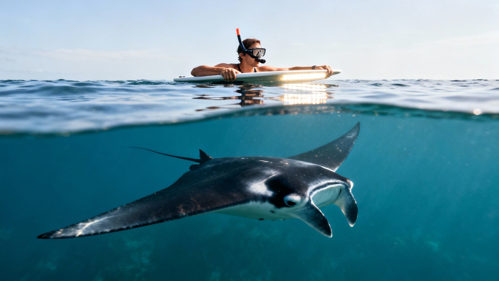A man snorkels with a light board above water, while a majestic manta ray swims below.