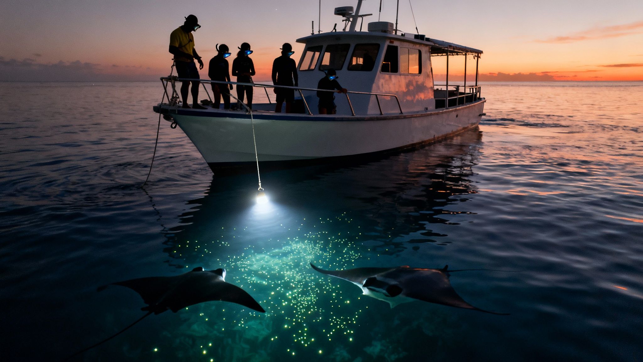 Snorkelers on a boat watch two manta rays feeding under an underwater light at sunset.