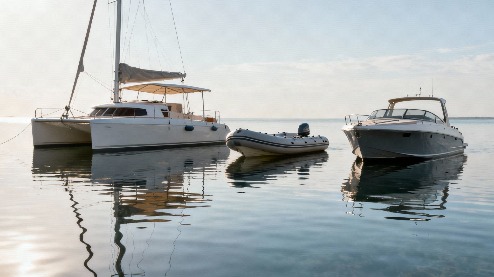 Three luxury boats anchored in calm waters including white catamaran and motor yacht
